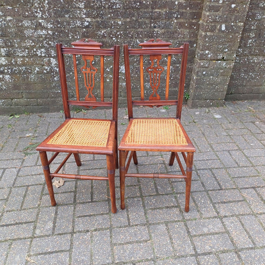 Pair of Antique Vintage Edwardian Cane Seat Chairs – Mahogany Dining or Accent Chairs with Carved Lyre Back