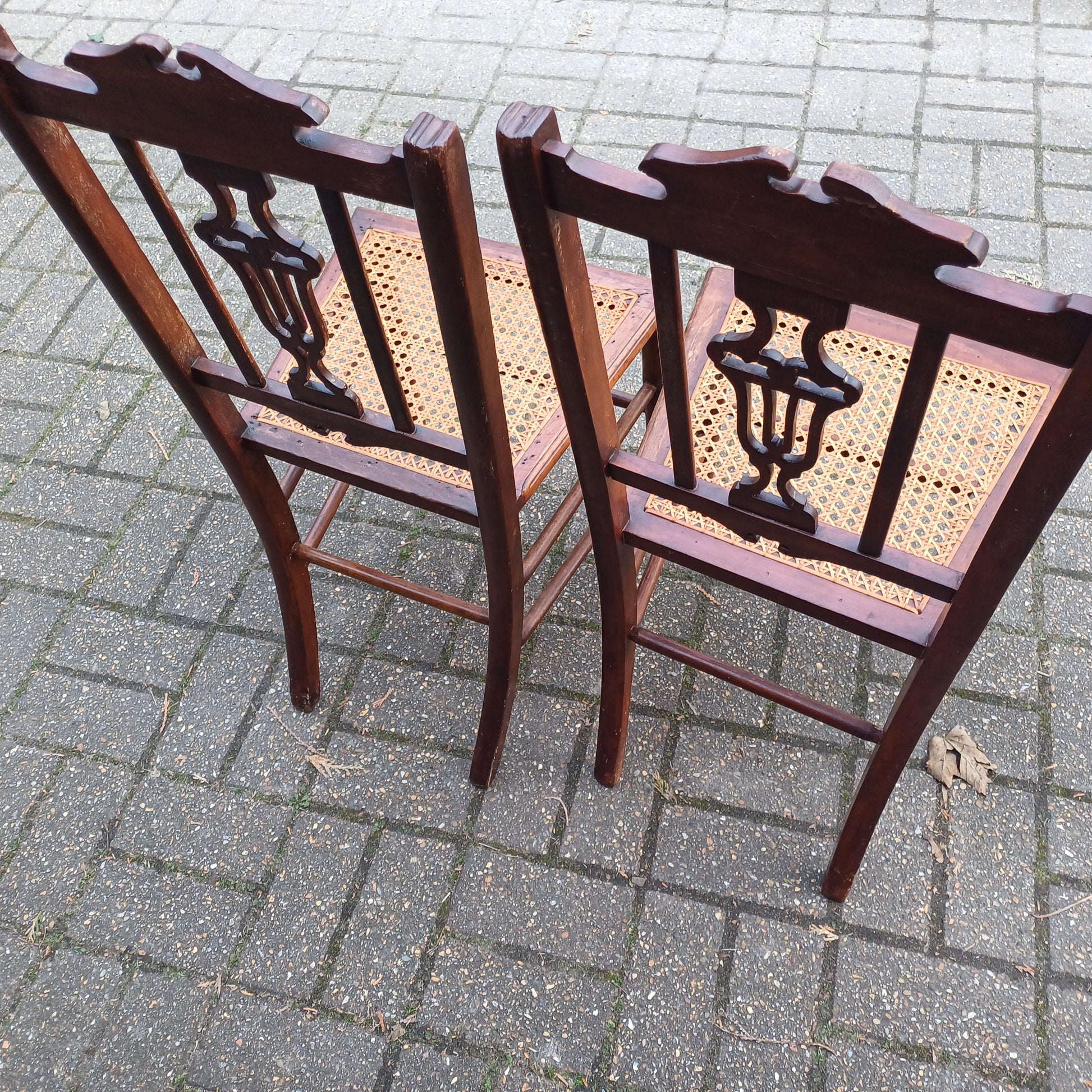 Pair of Antique Vintage Edwardian Cane Seat Chairs – Mahogany Dining or Accent Chairs with Carved Lyre Back