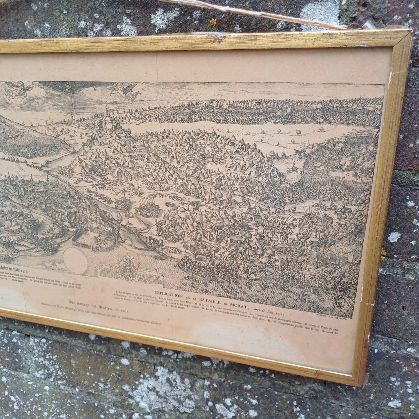 Early 1900s print of Engraving of 15th Century Burgundian Battle of Morat by Martin Martini in 1610 - militaria, vintage gilt glazed frame