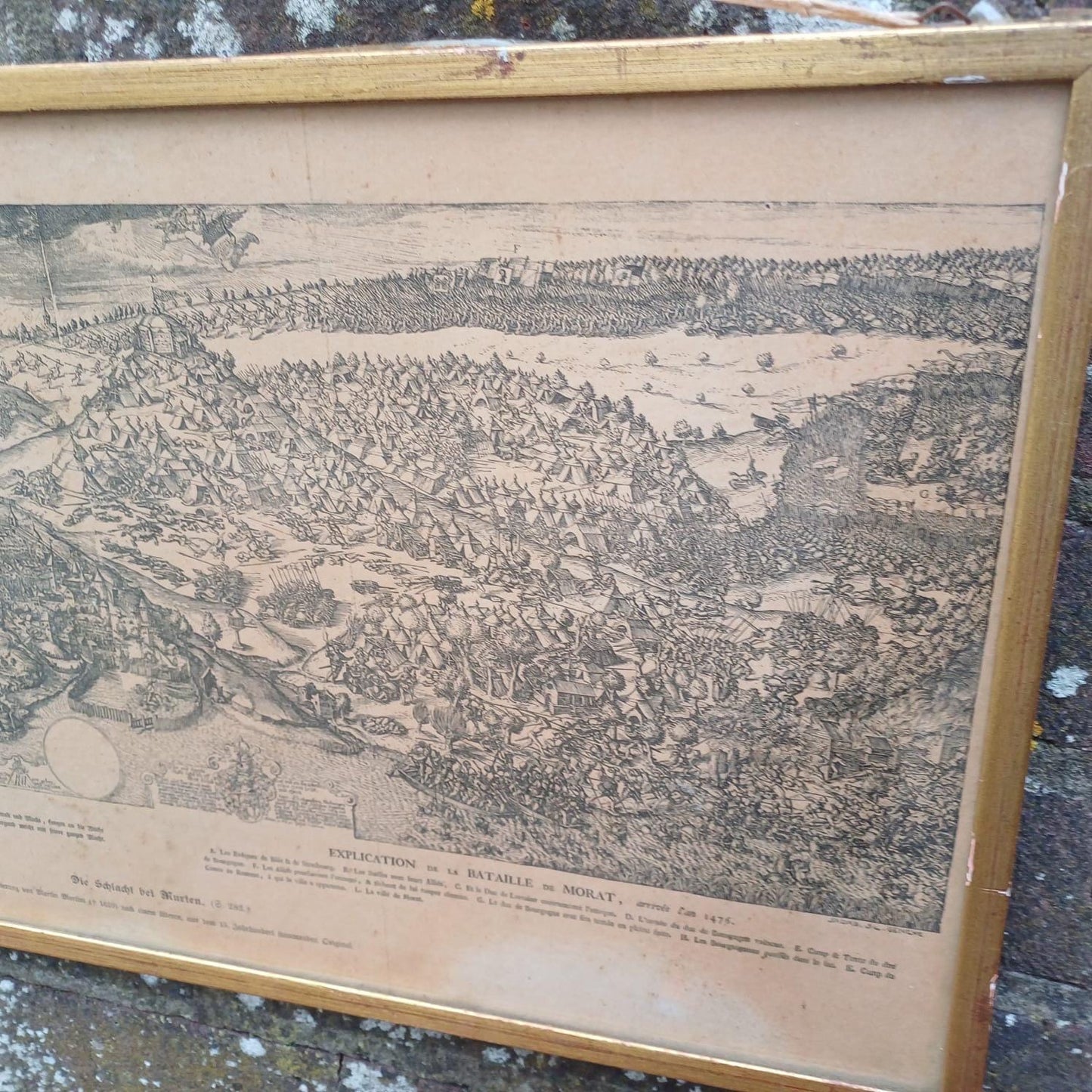 Early 1900s print of Engraving of 15th Century Burgundian Battle of Morat by Martin Martini in 1610 - militaria, vintage gilt glazed frame