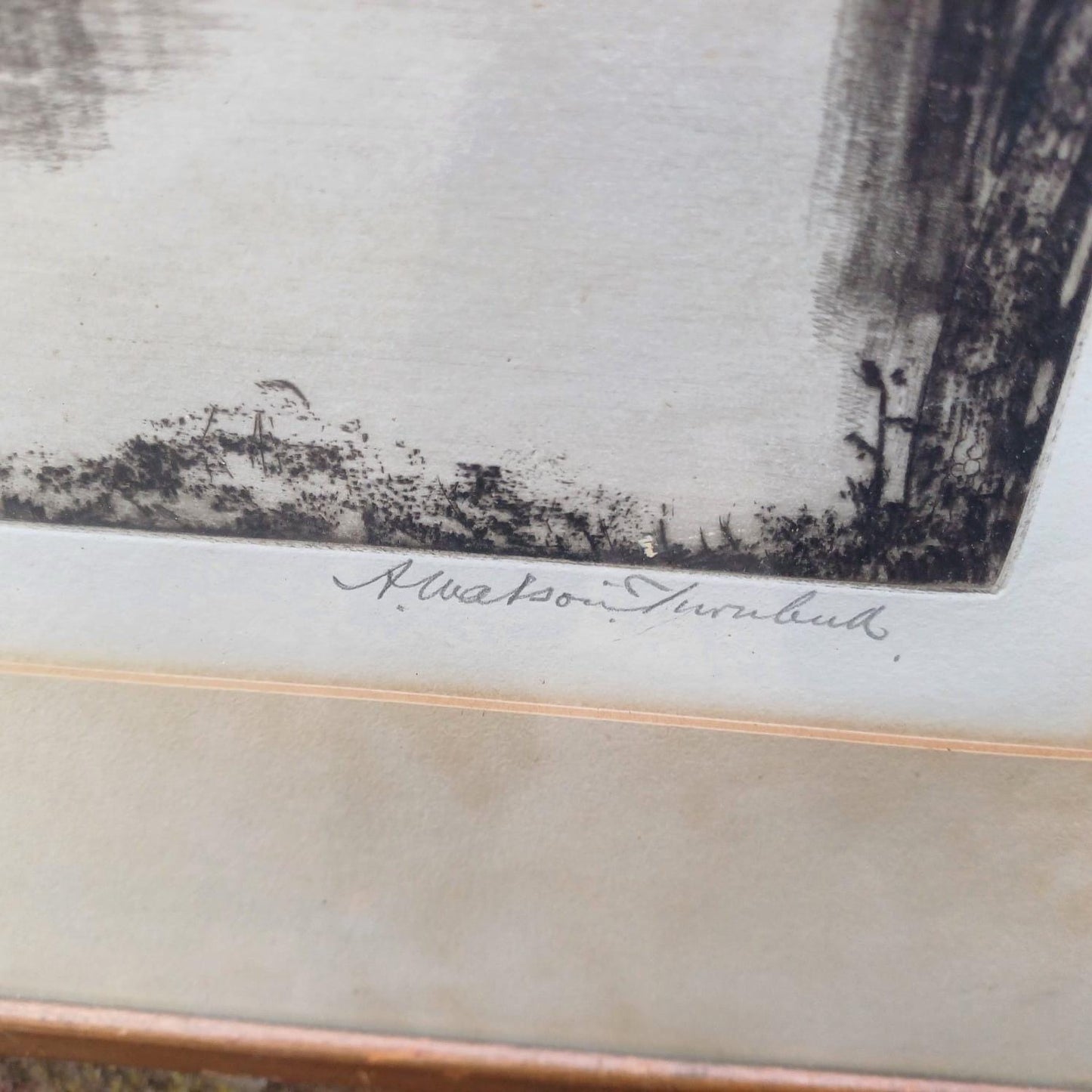 Early 1900s Etching signed print of Loch Lomond, Scotland, by Andrew Watson Turnbull (1874-1957). Gallery Proof. Vintage Glazed Frame.