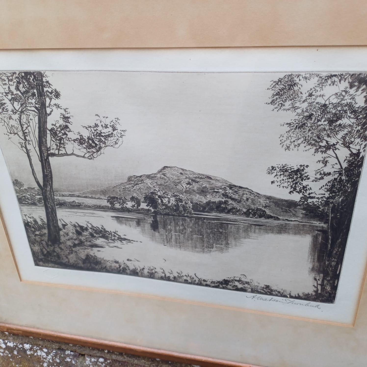 Early 1900s Etching signed print of Loch Lomond, Scotland, by Andrew Watson Turnbull (1874-1957). Gallery Proof. Vintage Glazed Frame.