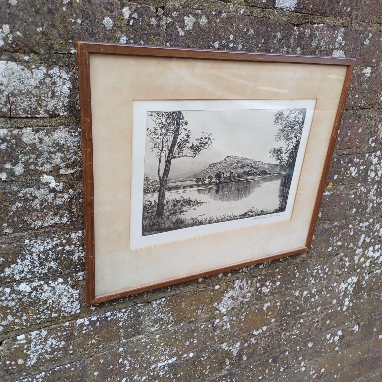 Early 1900s Etching signed print of Loch Lomond, Scotland, by Andrew Watson Turnbull (1874-1957). Gallery Proof. Vintage Glazed Frame.