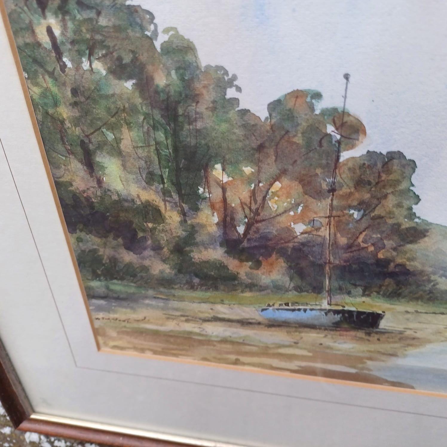 Mid-century watercolour of Piddinghoe and The Ouse, Lewes, Sussex by W Playfoot, glazed vintage frame and mount - excellent condition