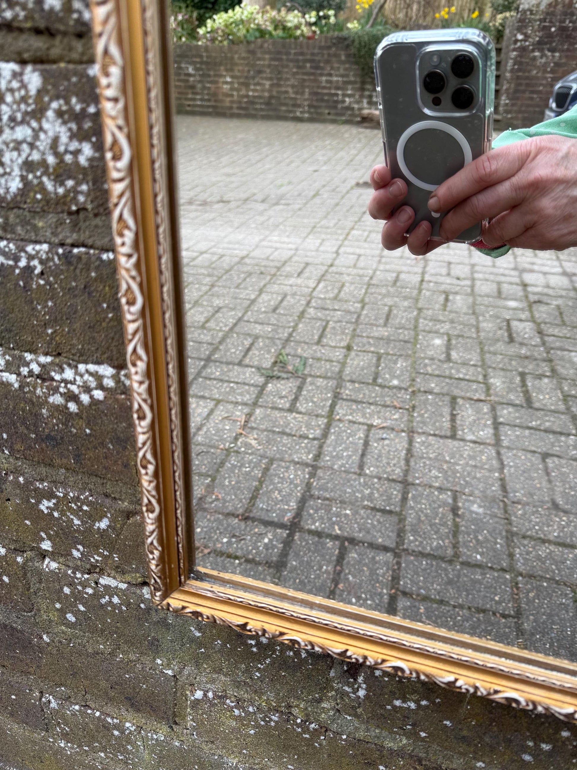 Hand finished Vintage 70s Retro Gilt Gold Wall Mirror with exposed white detail – vertical, portrait style