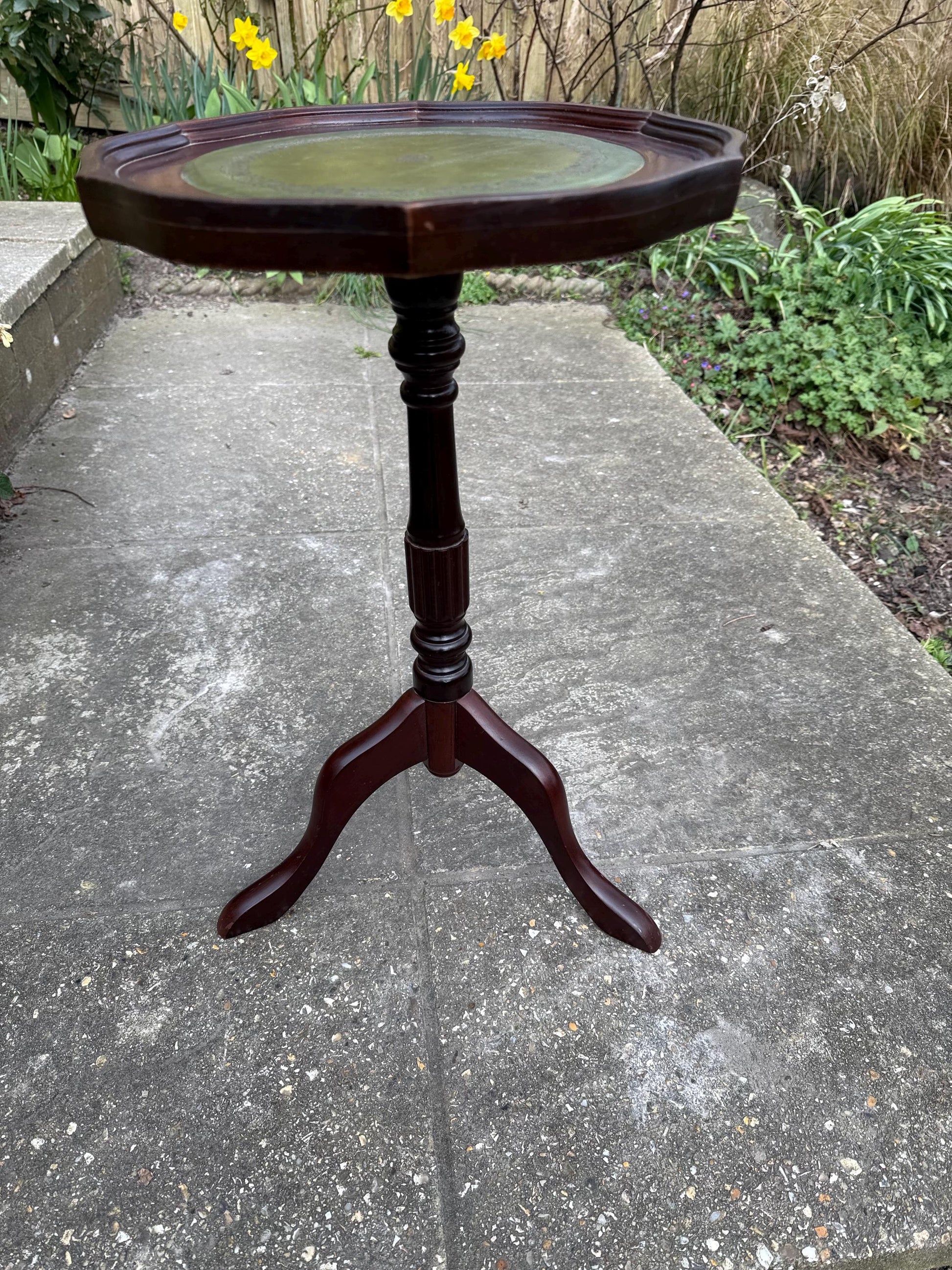 Classic Vintage Wine or Lamp Table with green leatherette top (end table, coffee table), vintage wooden wine table, faux leather top
