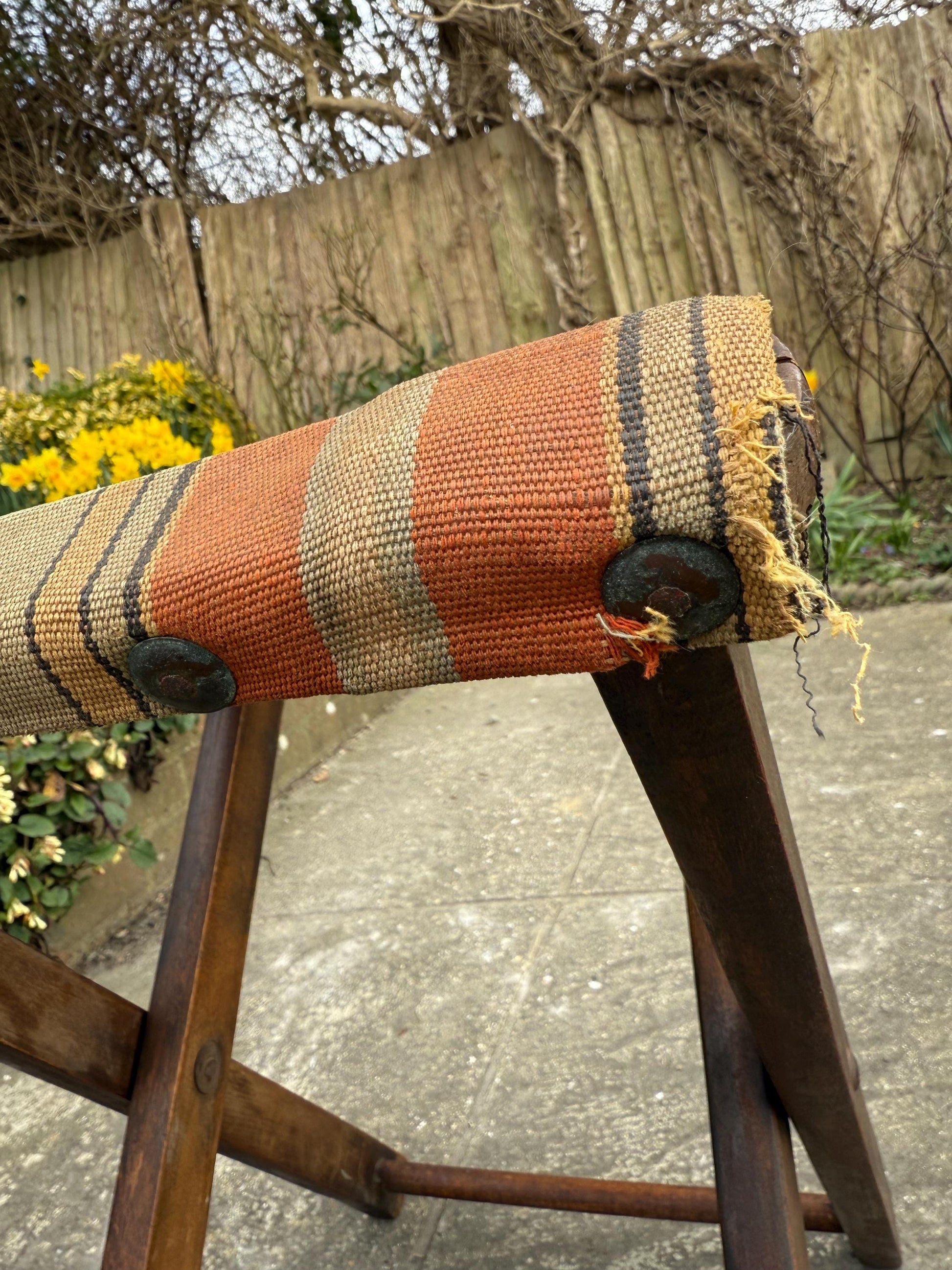 Early 1900s camping fishing outdoor folding stool, original striped canvas, campaign stool; vintage folding stool, vintage camping gear