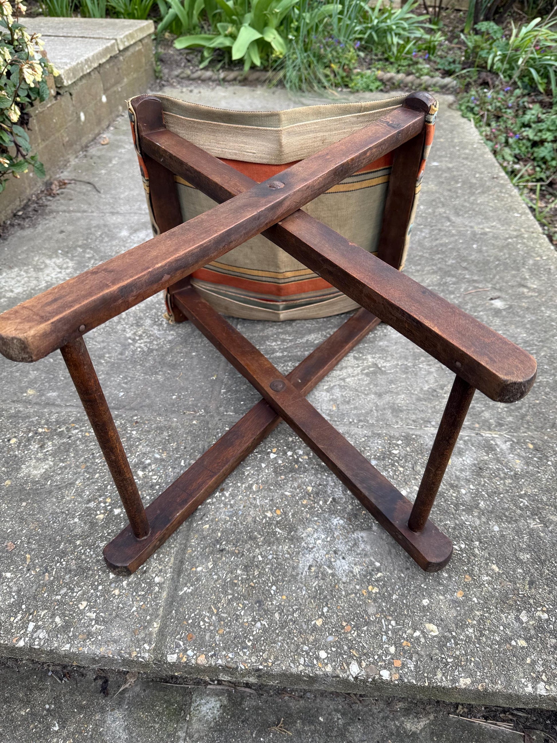 Early 1900s camping fishing outdoor folding stool, original striped canvas, campaign stool; vintage folding stool, vintage camping gear