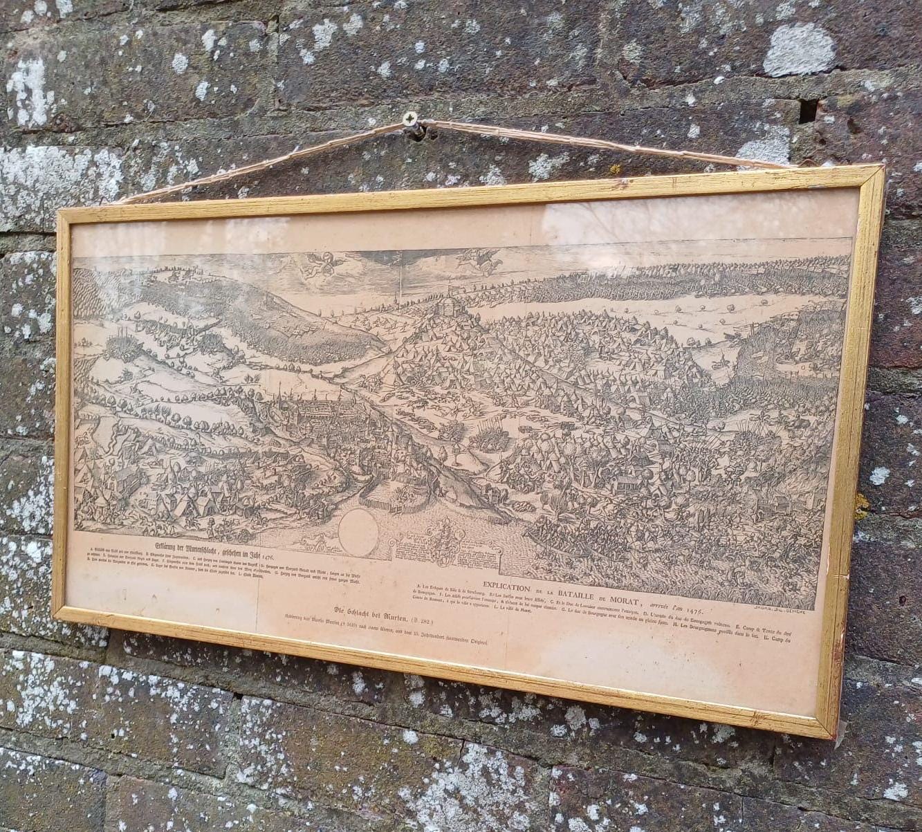 1900s print by SADAG in Geneva pf the Burgundian Battle of Morat. German and French. Battle 1476. Martin Martini engraving from 1610