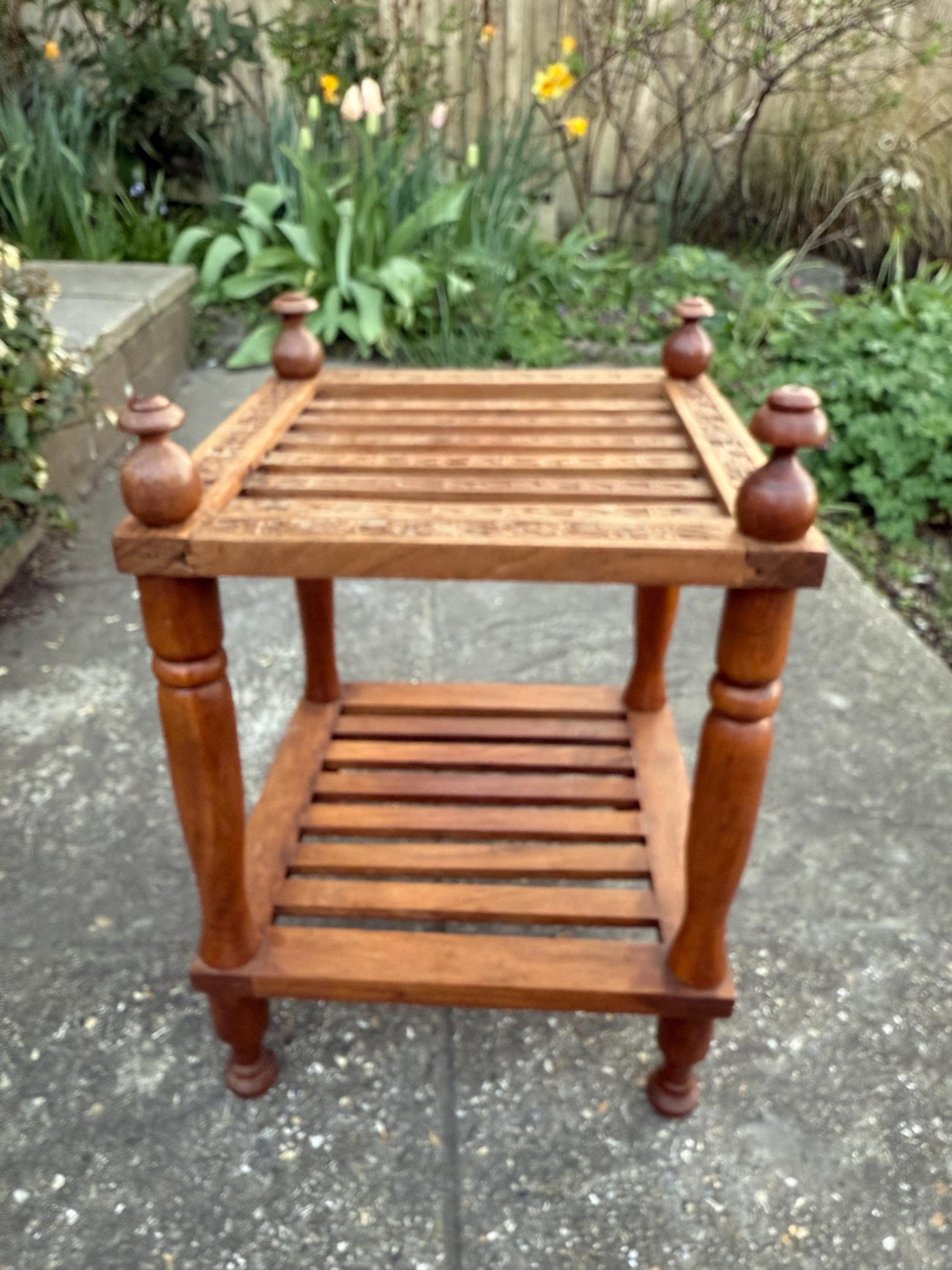 asian carved small table. vintage carved table. vintage plant