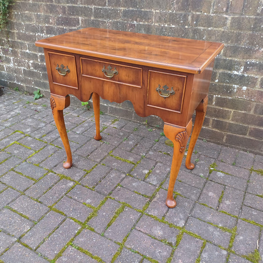 Vintage Queen Anne Style Side Dressing Table Desk Table Burr Yew Wood – Elegant Cabriole Legs, 3 Drawers, Brass Handles FREE HAND Delivery