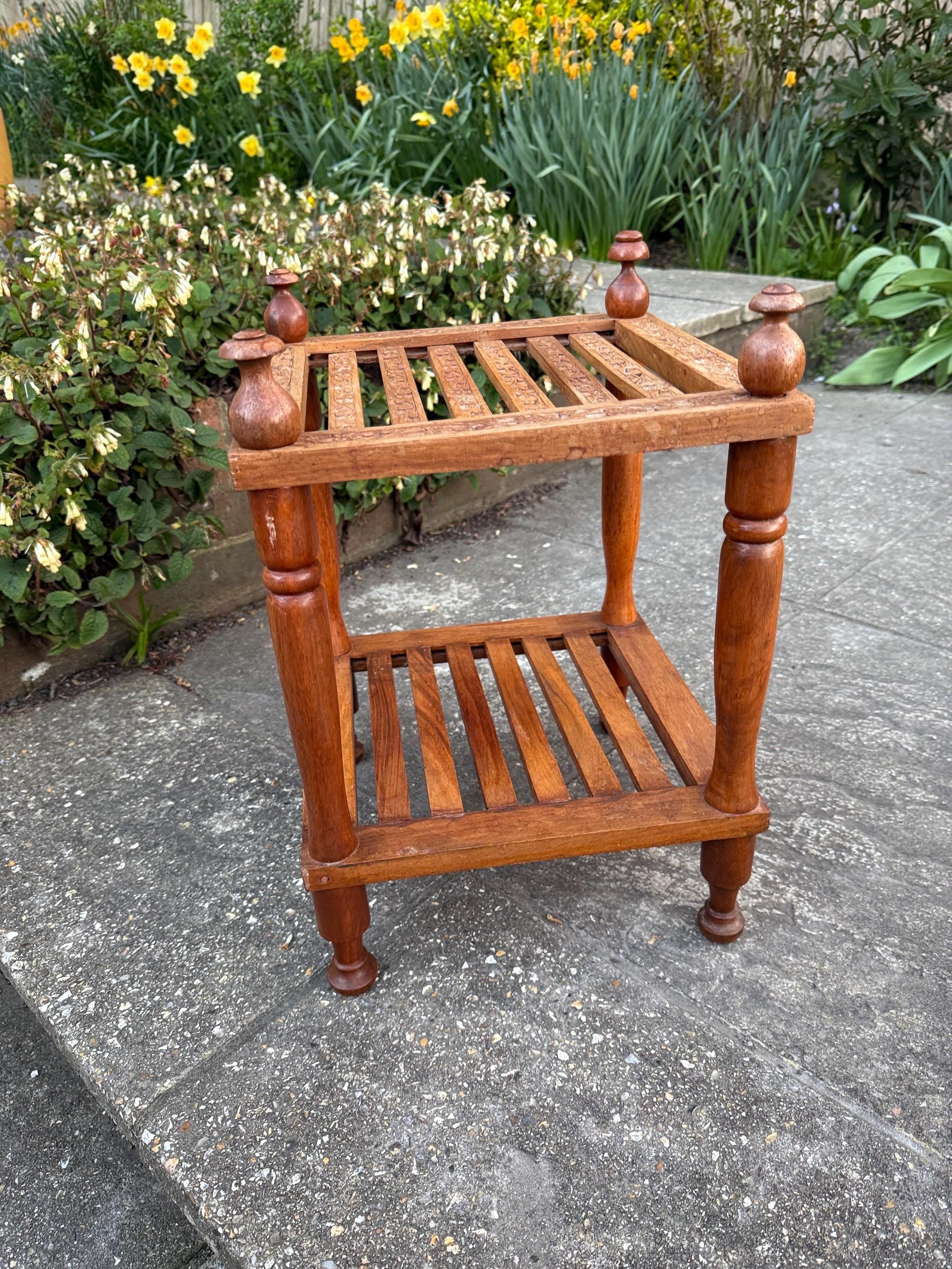 Vintage carved table, lamp table, coffee table, plant stand – carved and slatted two tiered table with finials, Asian table