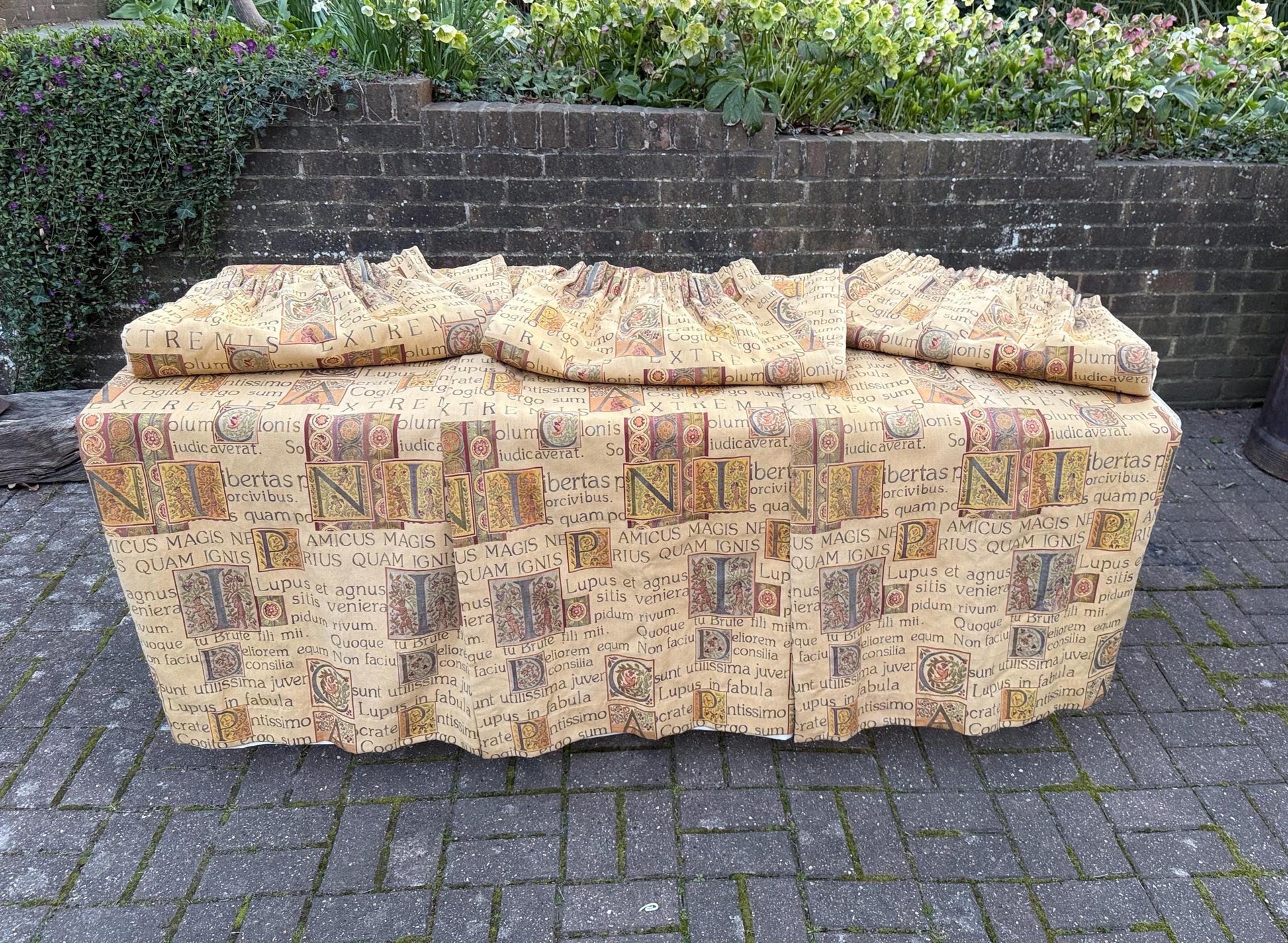 six curtain drops in quality fabric, fully lined with pencil pleats; 3 pairs vintage curtains
