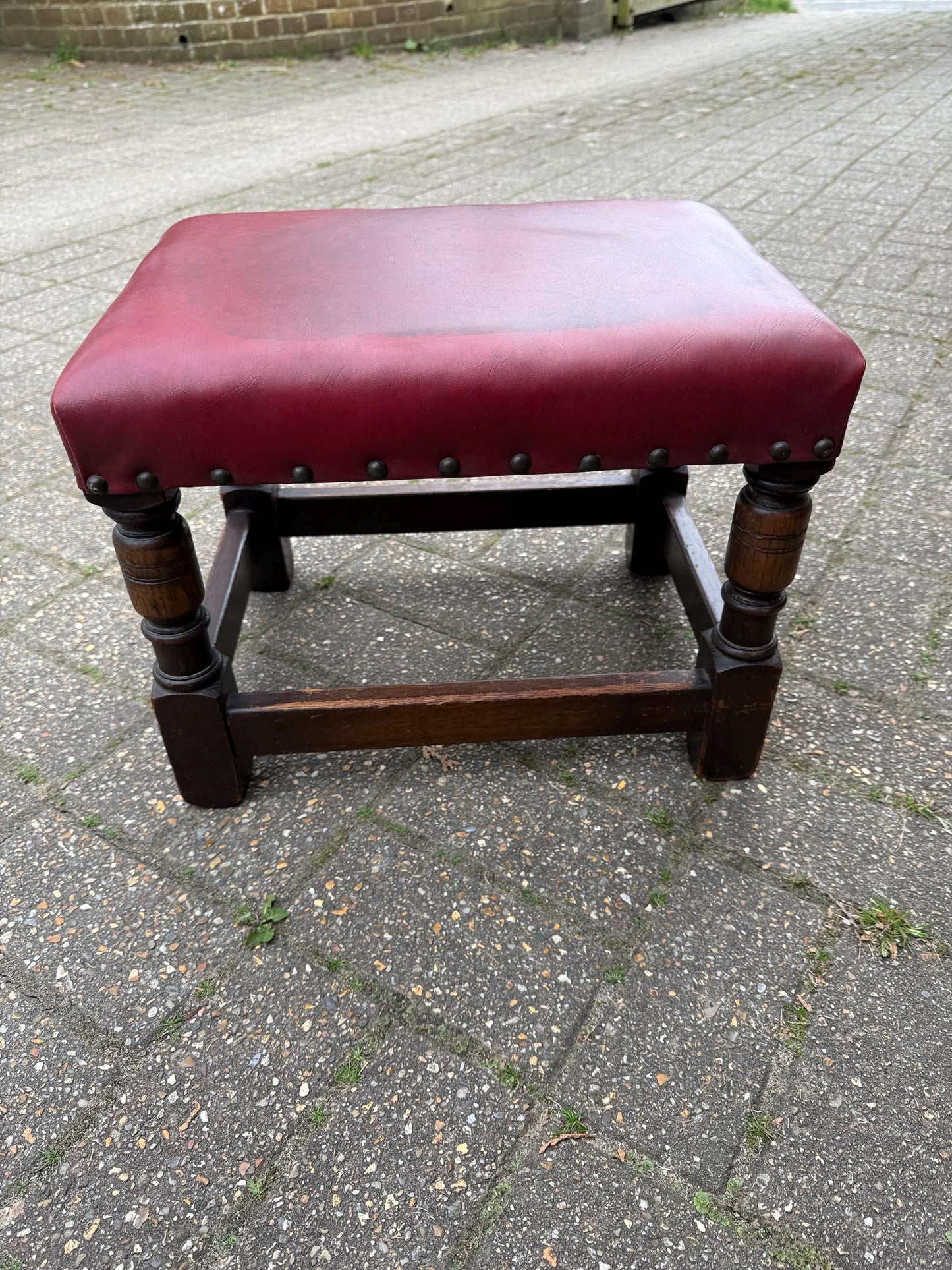 Vintage solid oak mid-century leather stool, vintage 1950s foot stool, mid century footstool