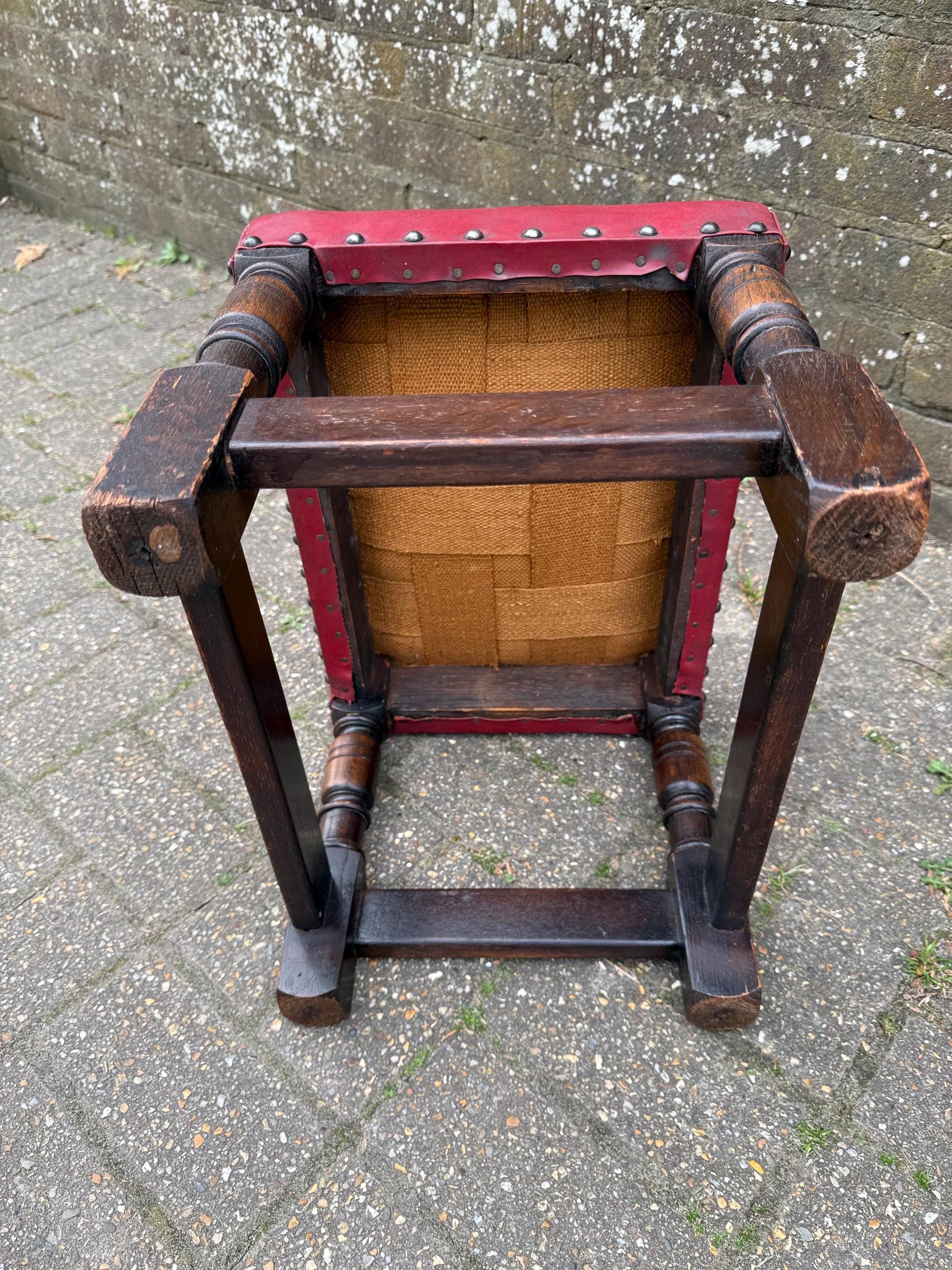 Vintage solid oak mid-century leather stool, vintage 1950s foot stool, mid century footstool