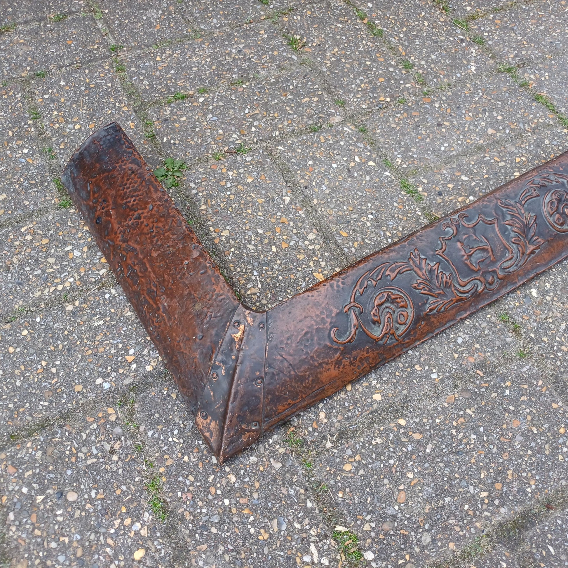 Antique Copper and Wood Fire Surround Panel Embossed Arts and Crafts Fender with Verdigris Patina