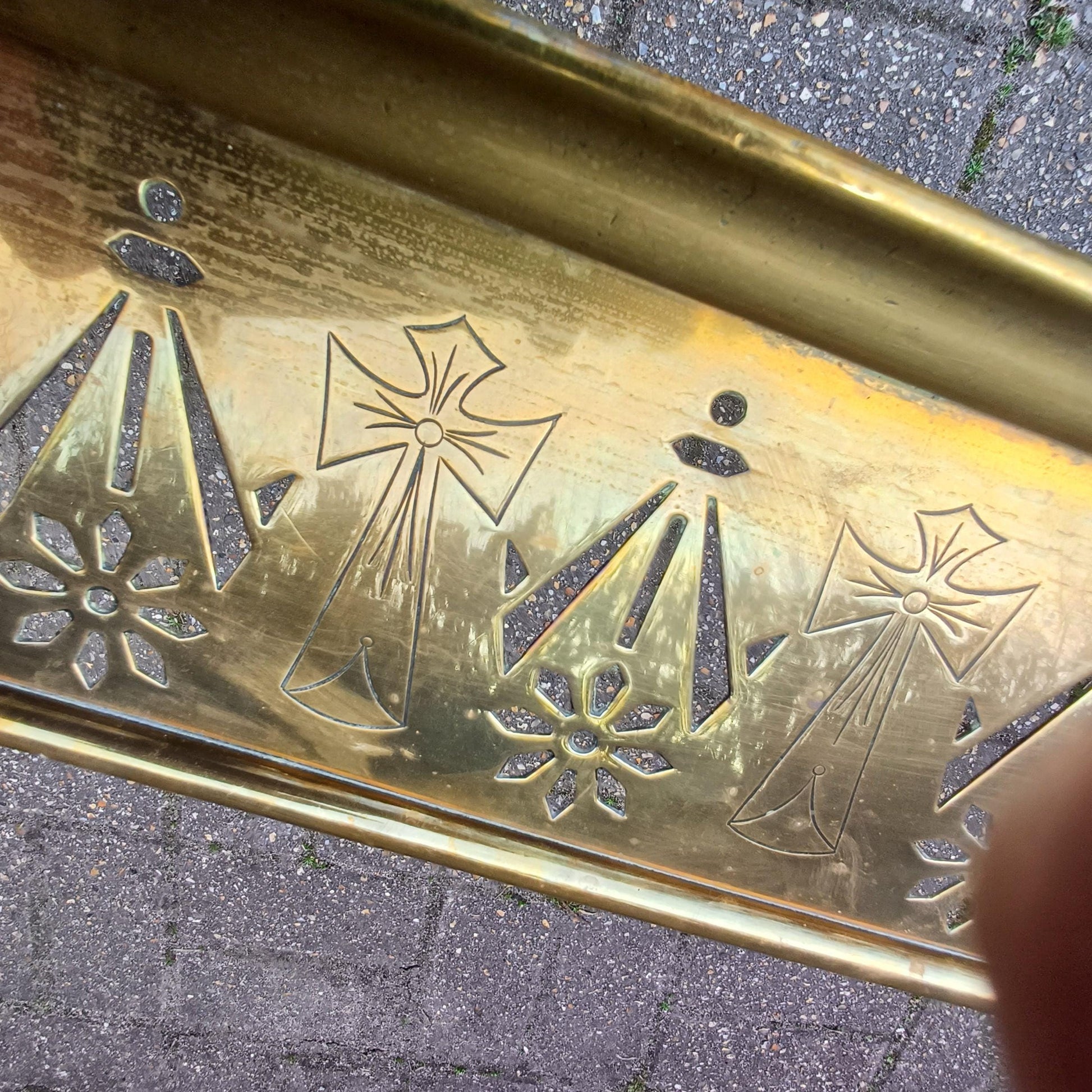 Antique Brass Fireplace Fender Victorian Gothic Art Nouveau Pierced Cross Star Motif Rolled Edge Patina Decorative Hearth Guard
