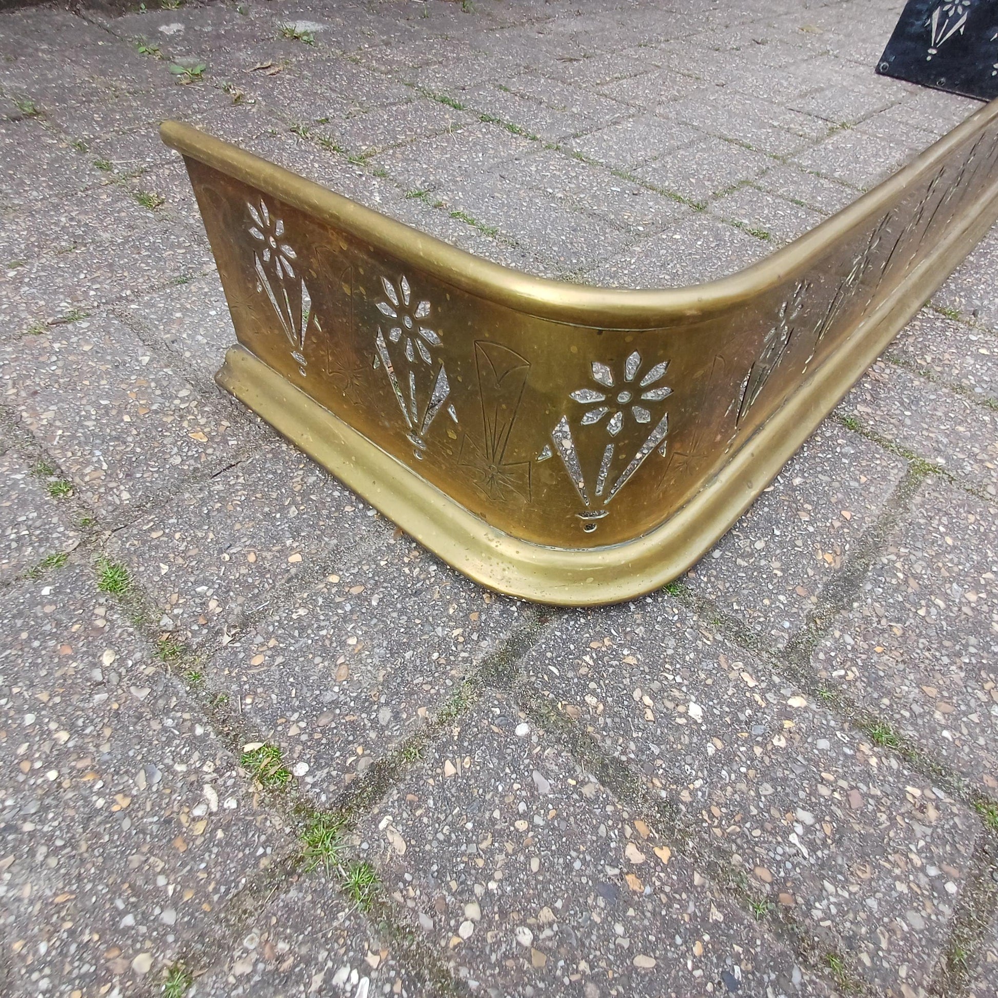 Antique Brass Fireplace Fender Victorian Gothic Art Nouveau Pierced Cross Star Motif Rolled Edge Patina Decorative Hearth Guard