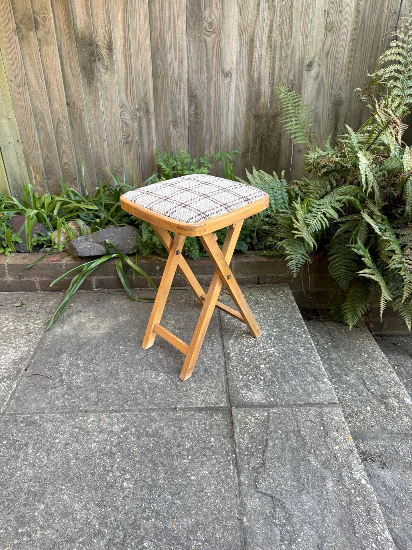 Retro folding upholstered stool - kitchen stool, vintage stool, folding stool