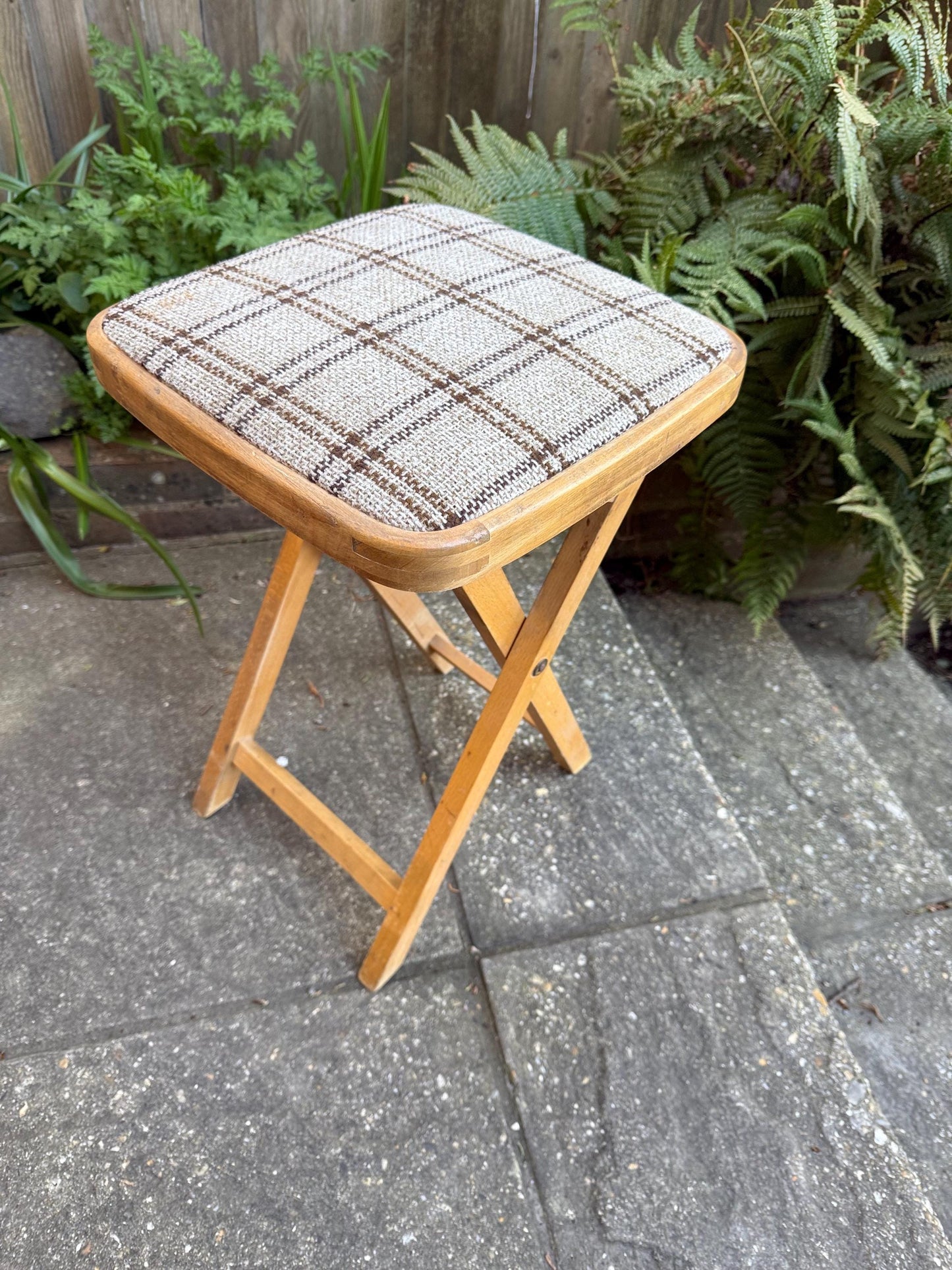 Retro folding upholstered stool - kitchen stool, vintage stool, folding stool