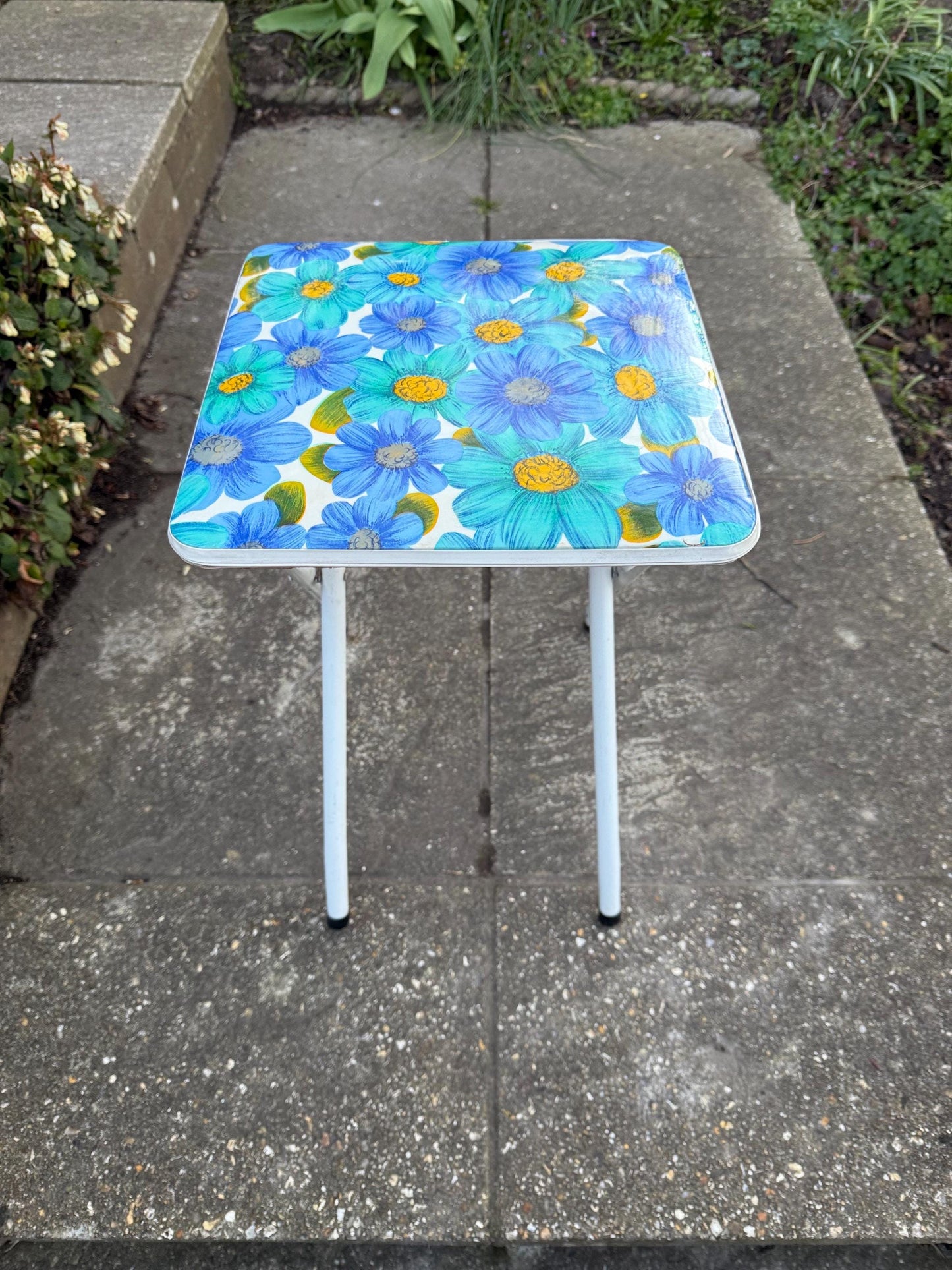 Retro Bright Blue Folding Floral Stool - vintage kitchen stool, folding stool, retro stool, playroom, art room stool