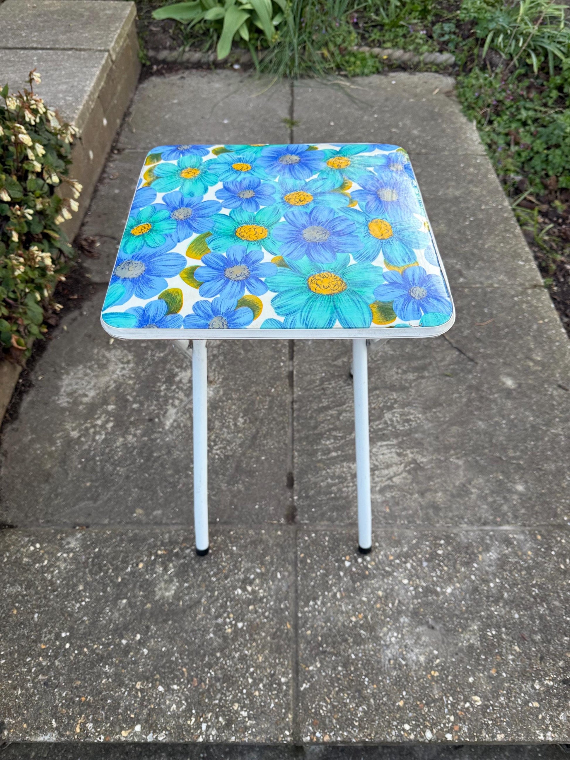 Retro Bright Blue Folding Floral Stool - vintage kitchen stool, folding stool, retro stool, playroom, art room stool
