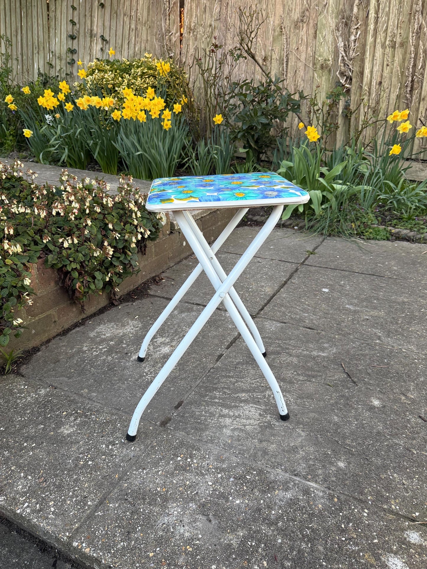 Retro Bright Blue Folding Floral Stool - vintage kitchen stool, folding stool, retro stool, playroom, art room stool