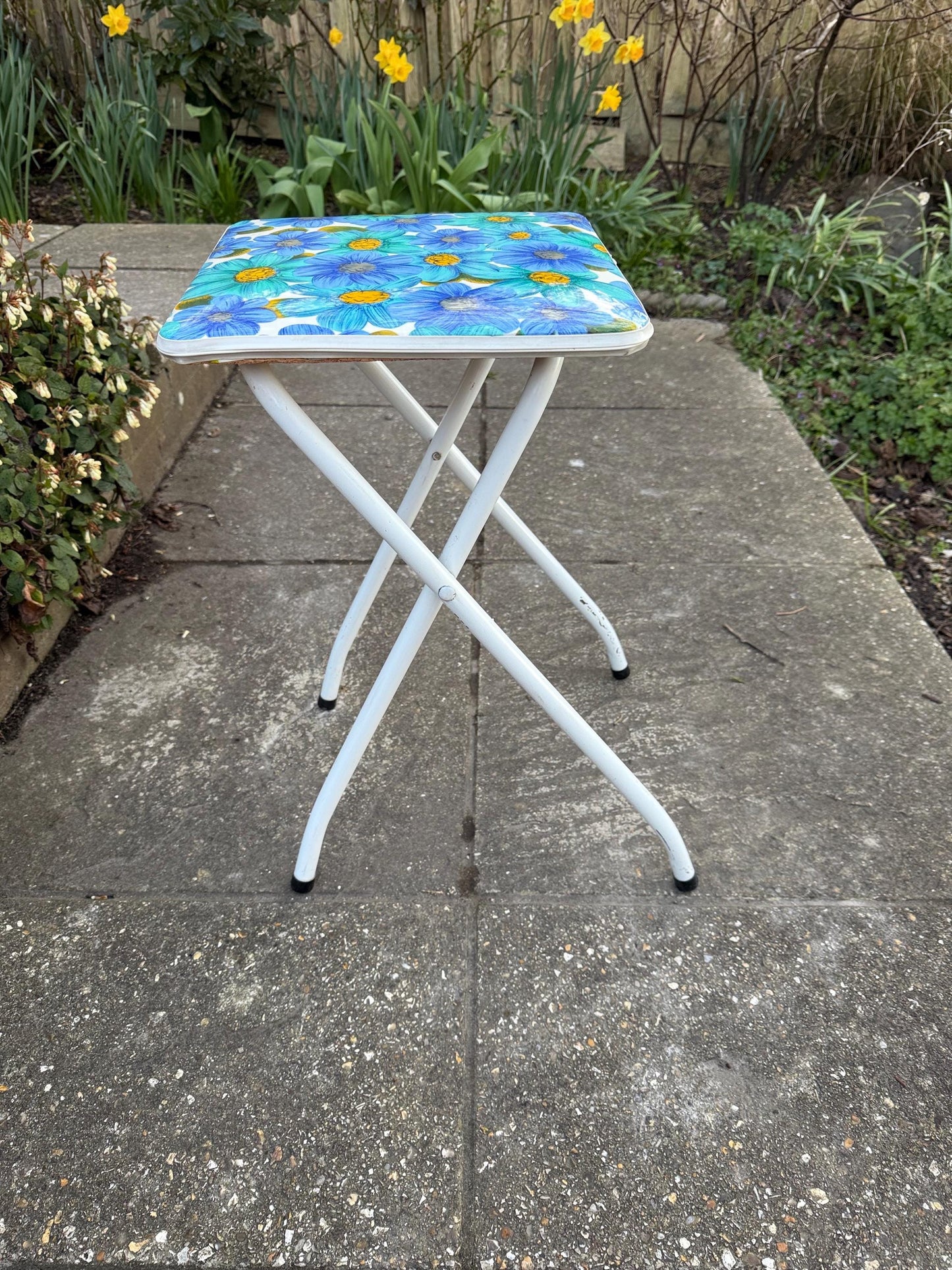 Retro Bright Blue Folding Floral Stool - vintage kitchen stool, folding stool, retro stool, playroom, art room stool