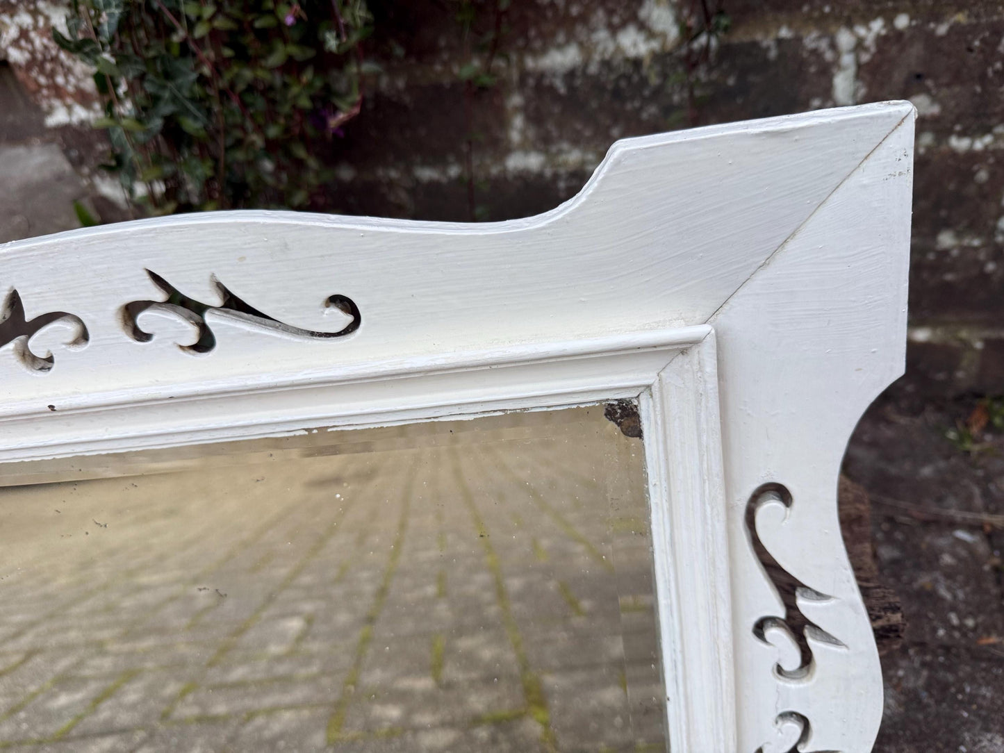 Antique painted wall mirror, decorated mirror frame, bevelled glass – attractive small painted vintage mirror (50cm x 40cm)