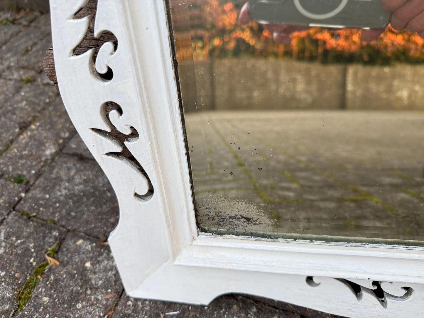 Antique painted wall mirror, decorated mirror frame, bevelled glass – attractive small painted vintage mirror (50cm x 40cm)