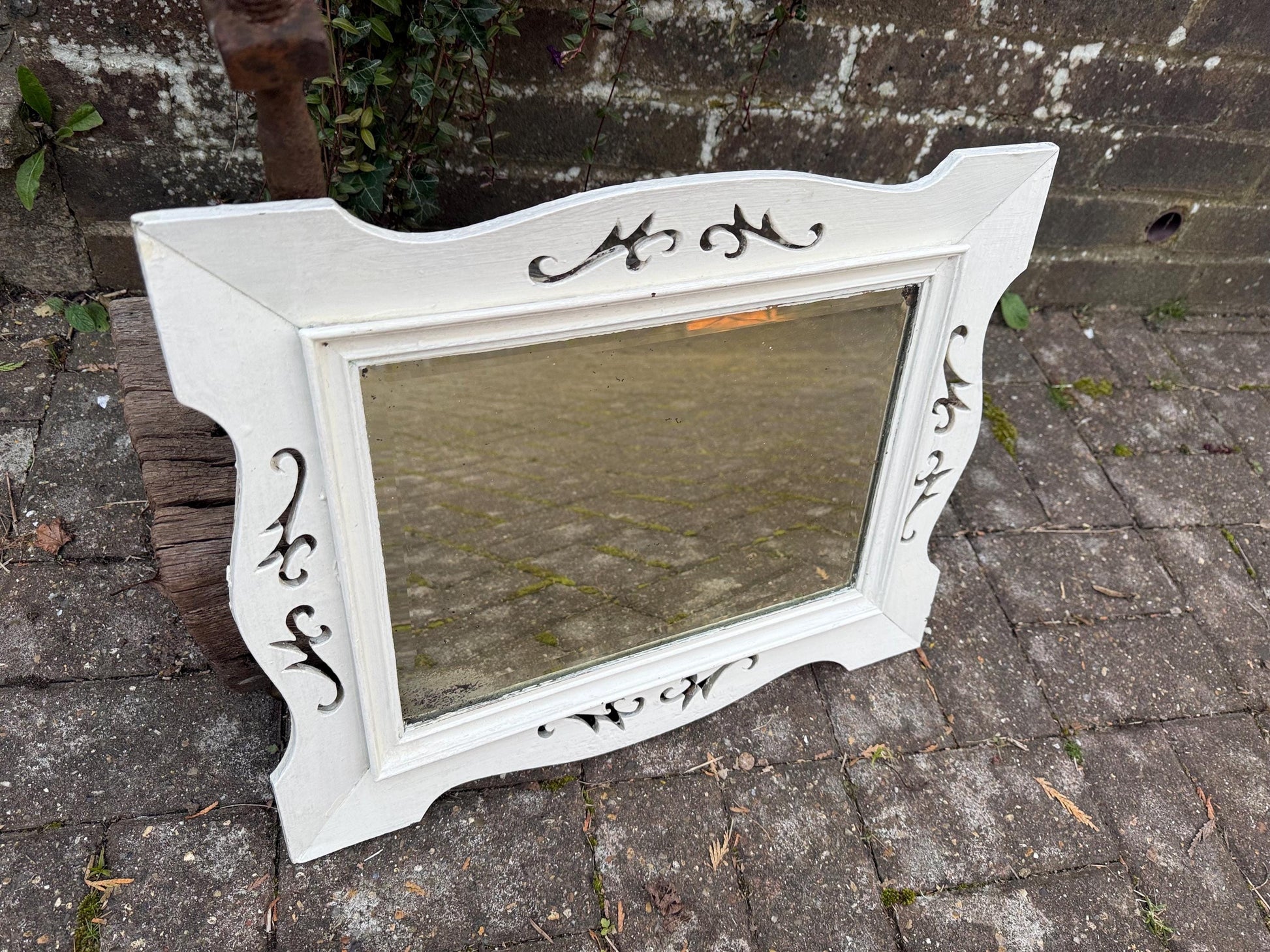 Antique painted wall mirror, decorated mirror frame, bevelled glass – attractive small painted vintage mirror (50cm x 40cm)