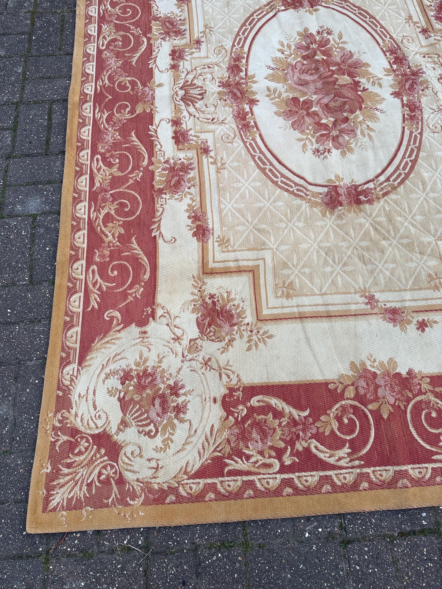 Large vintage Laura Ashley Aubusson indoor rug in wool and cotton mix - red, gold, beige, brown - 228cm x 156cm