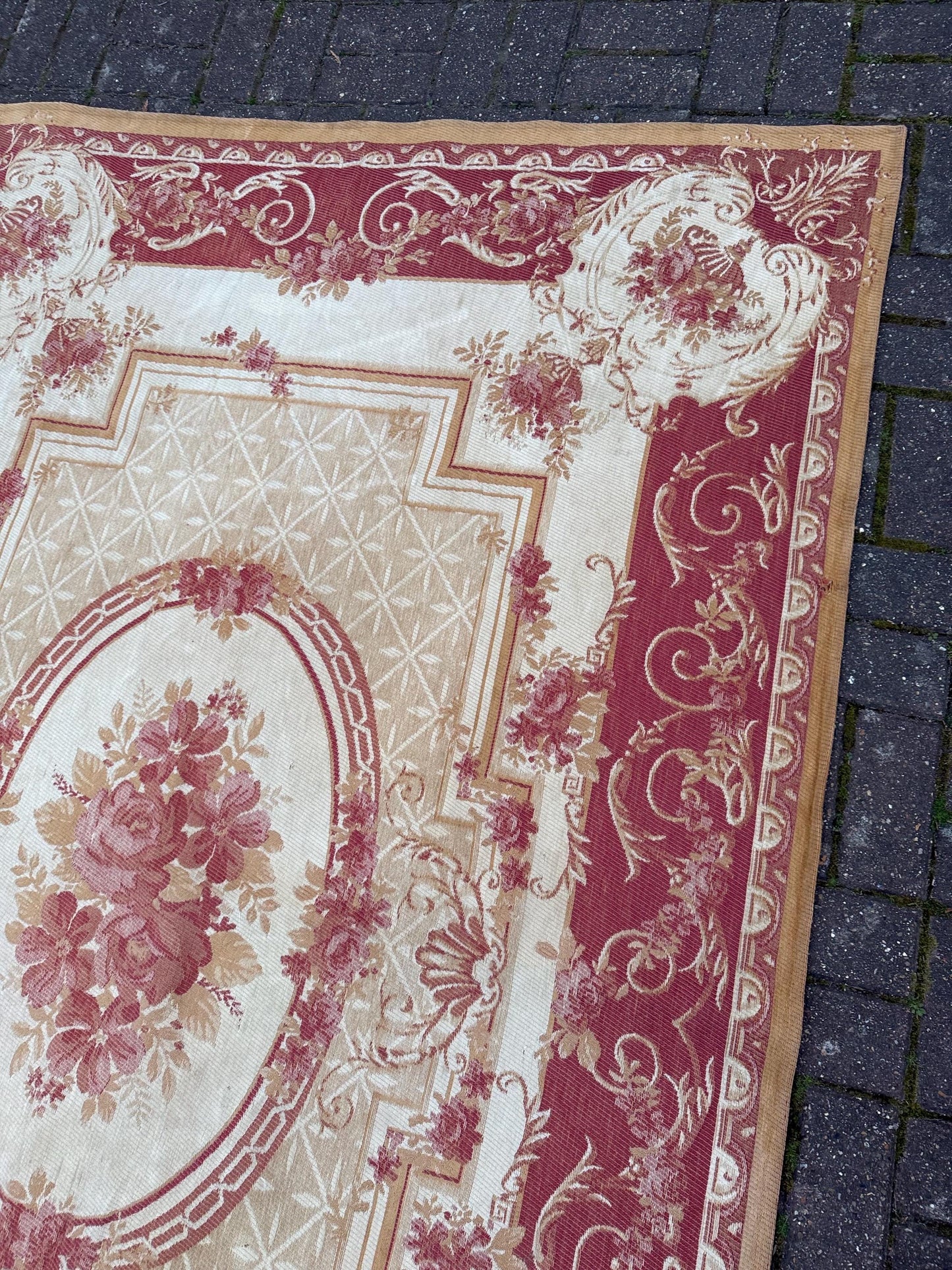 Large vintage Laura Ashley Aubusson indoor rug in wool and cotton mix - red, gold, beige, brown - 228cm x 156cm