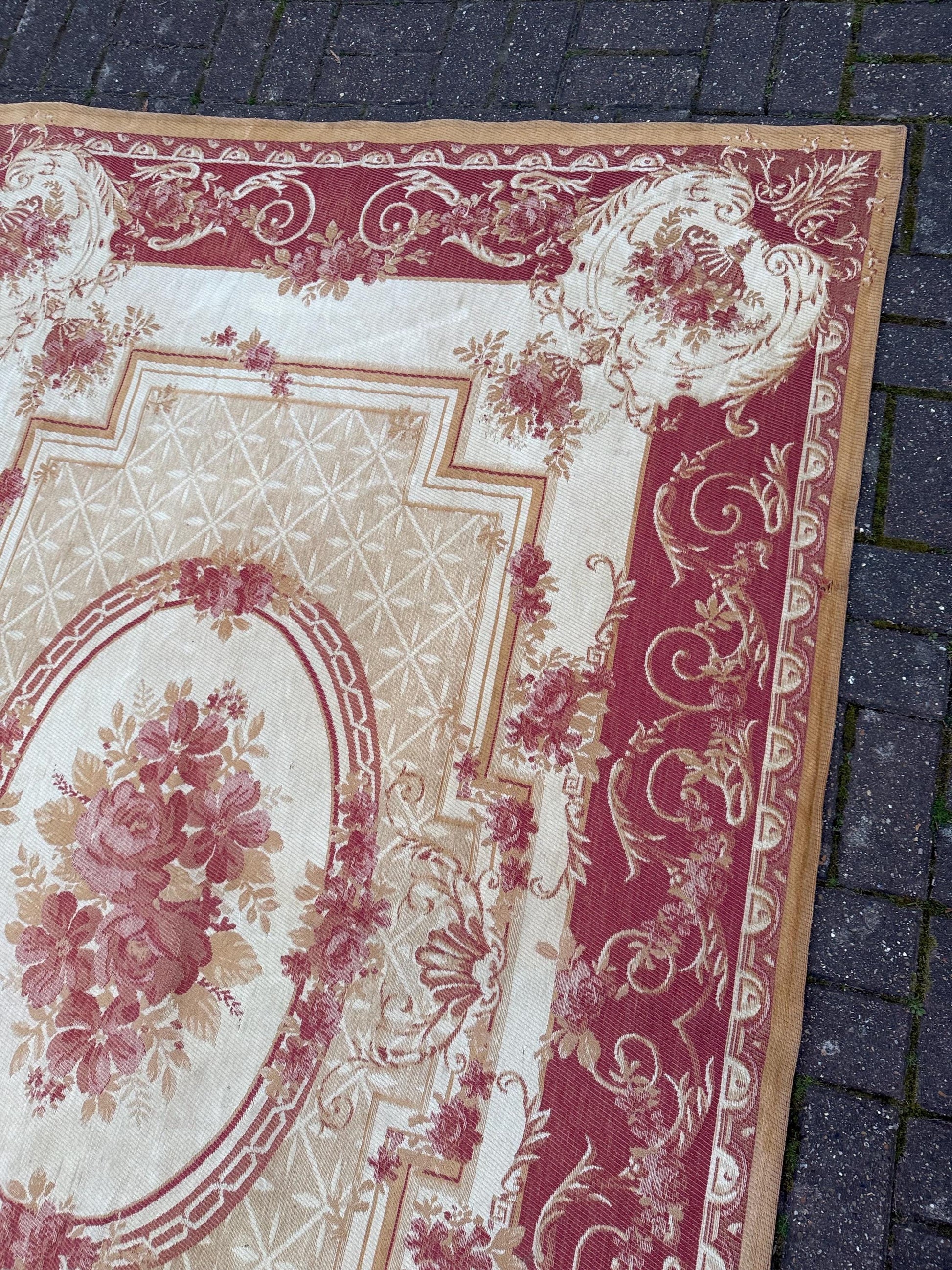 Large vintage Laura Ashley Aubusson indoor rug in wool and cotton mix - red, gold, beige, brown - 228cm x 156cm