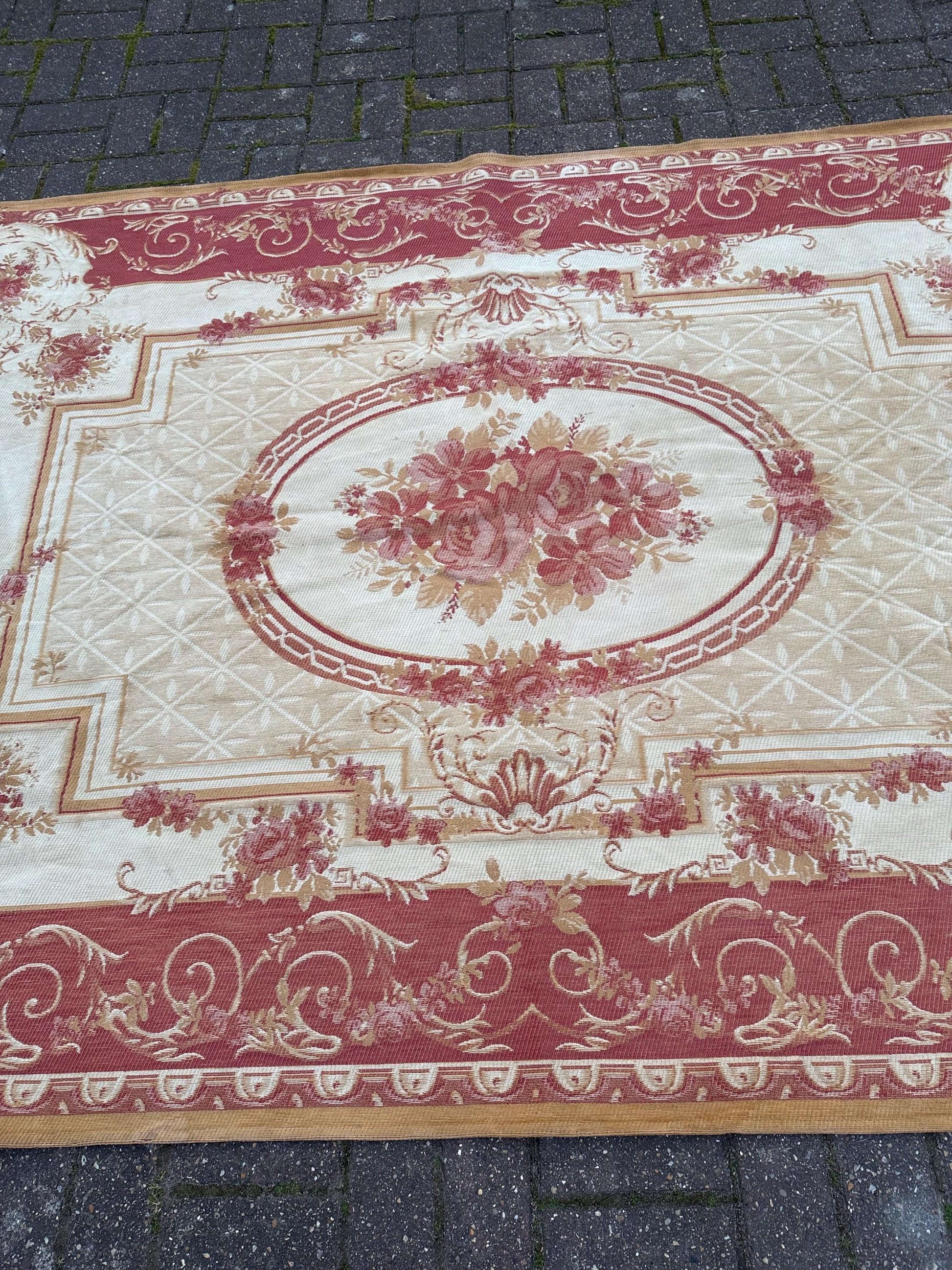 Large vintage Laura Ashley Aubusson indoor rug in wool and cotton mix - red, gold, beige, brown - 228cm x 156cm