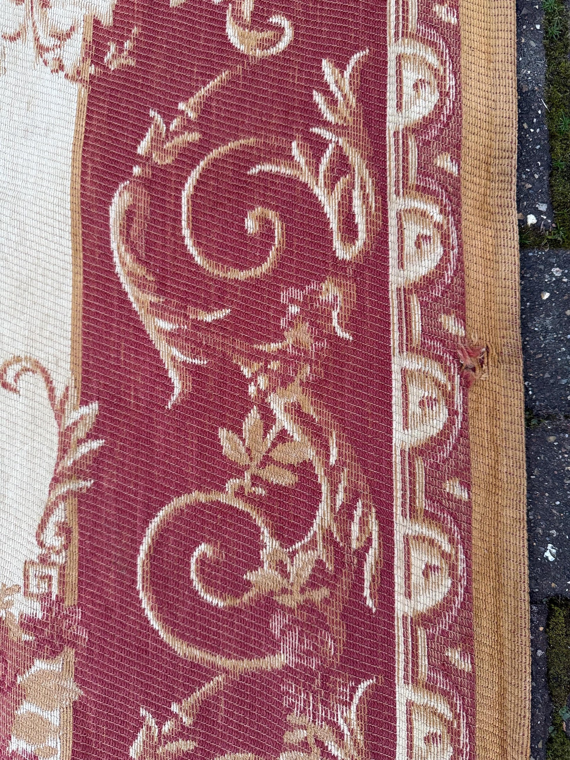 Large vintage Laura Ashley Aubusson indoor rug in wool and cotton mix - red, gold, beige, brown - 228cm x 156cm