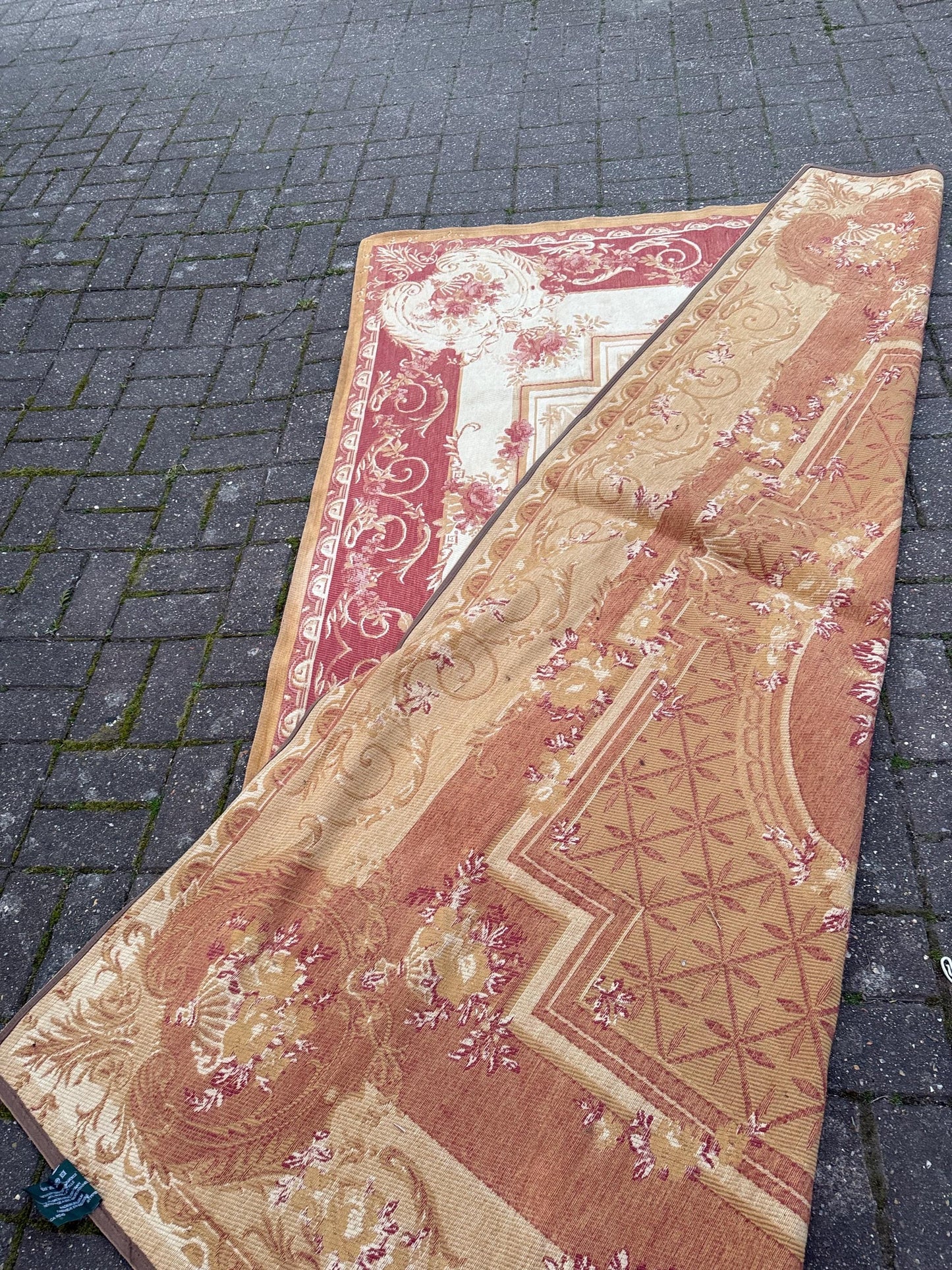 Large vintage Laura Ashley Aubusson indoor rug in wool and cotton mix - red, gold, beige, brown - 228cm x 156cm