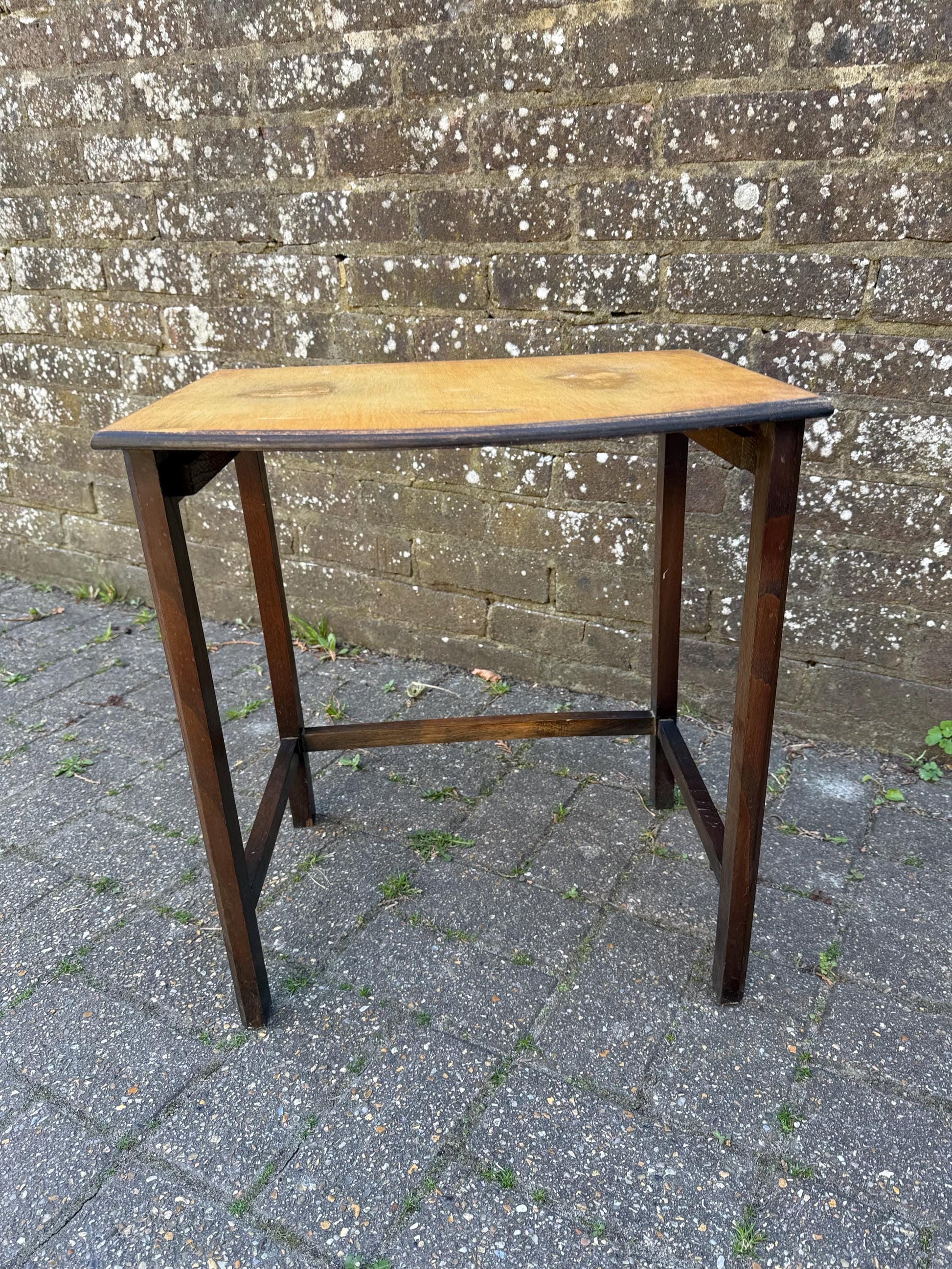 Unique vintage small wooden oak table, plant stand, retro table with stripped top (31cm x 45cm x 31cm)