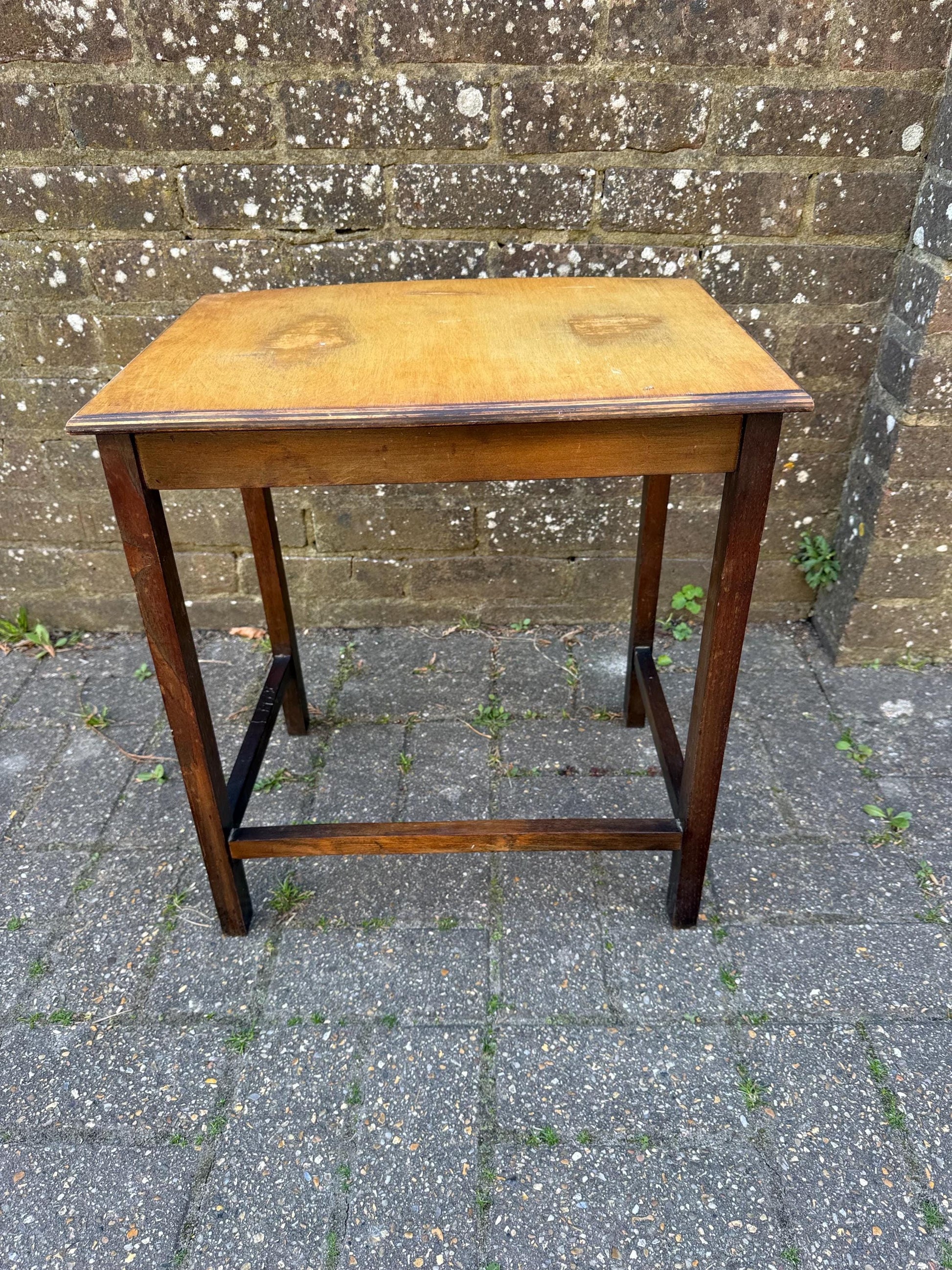 Unique vintage small wooden oak table, plant stand, retro table with stripped top (31cm x 45cm x 31cm)