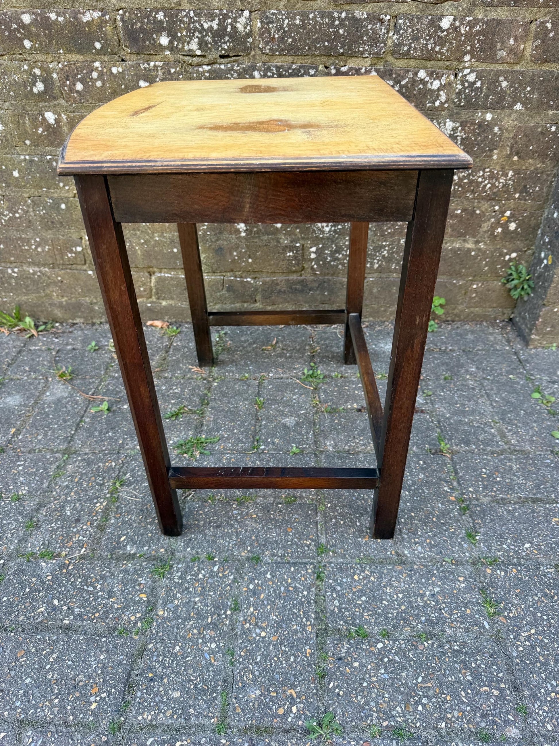 Unique vintage small wooden oak table, plant stand, retro table with stripped top (31cm x 45cm x 31cm)