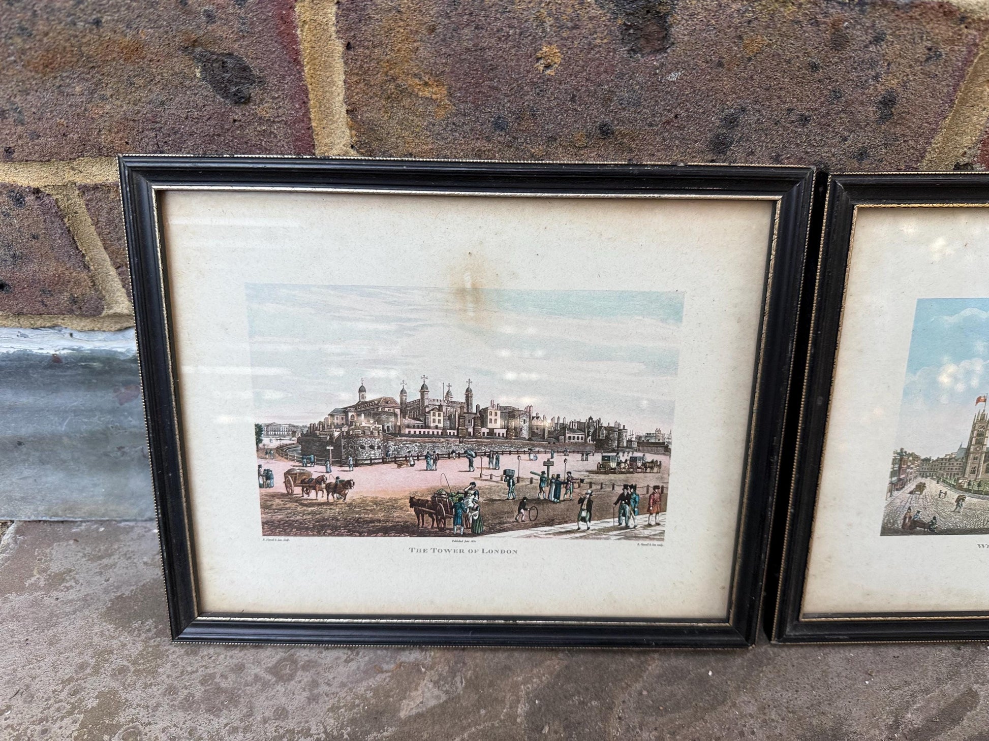 London Scenes – vintage colour aquatint prints by Havel & Sons, The Tower of London and Westminster Abbey, St Margaret’s Church, – 1800s