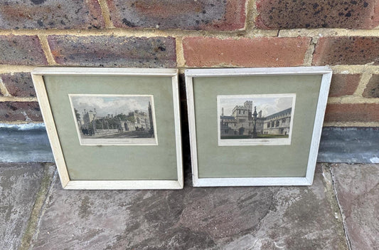 two antique coloured engravings of corpus christi college, university. in glazed white painted vintage frames