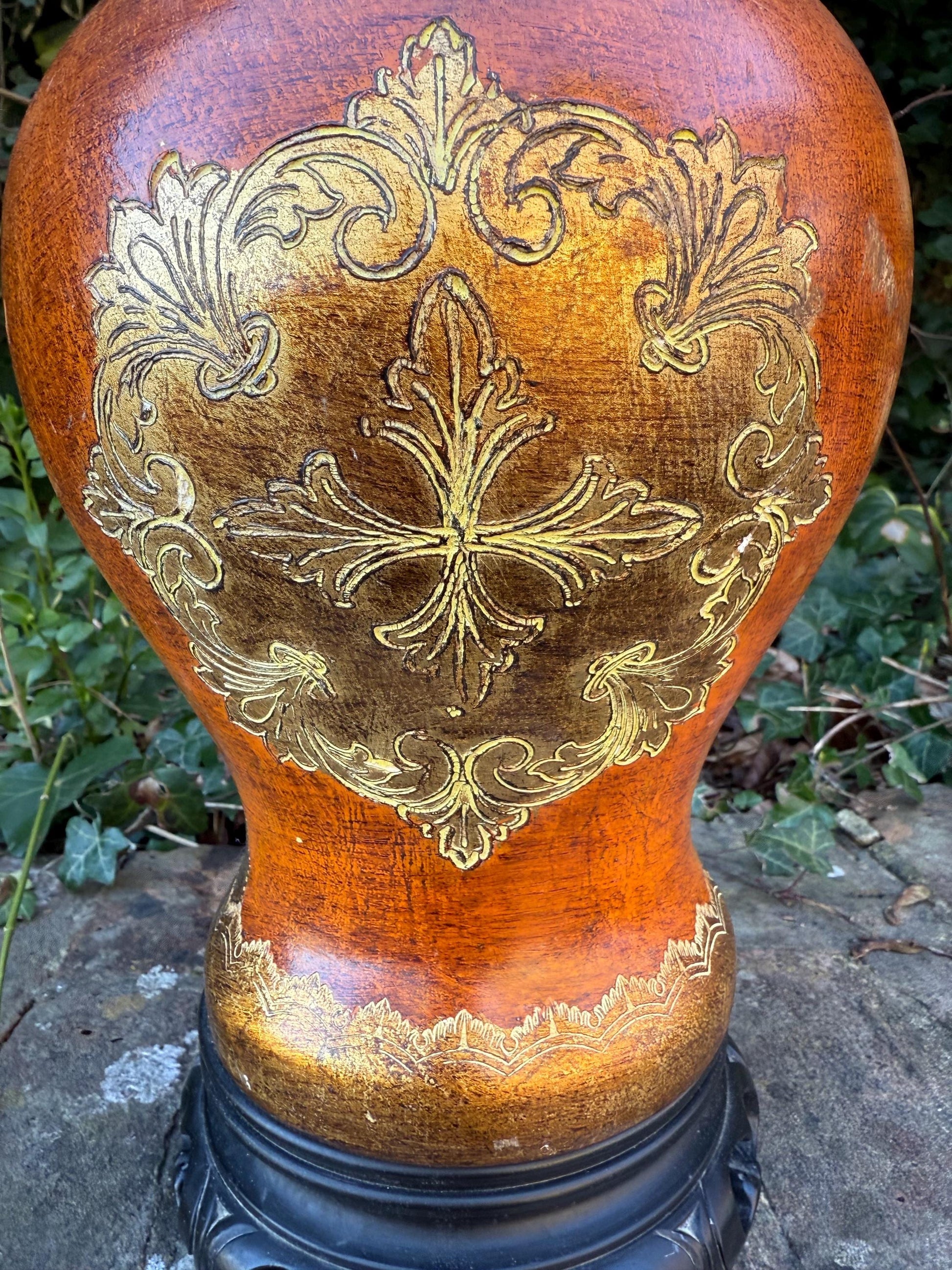 Vintage Asian Influenced Table Lamp (1970s) - burnt oranges, browns, golds - fully PAT tested and working