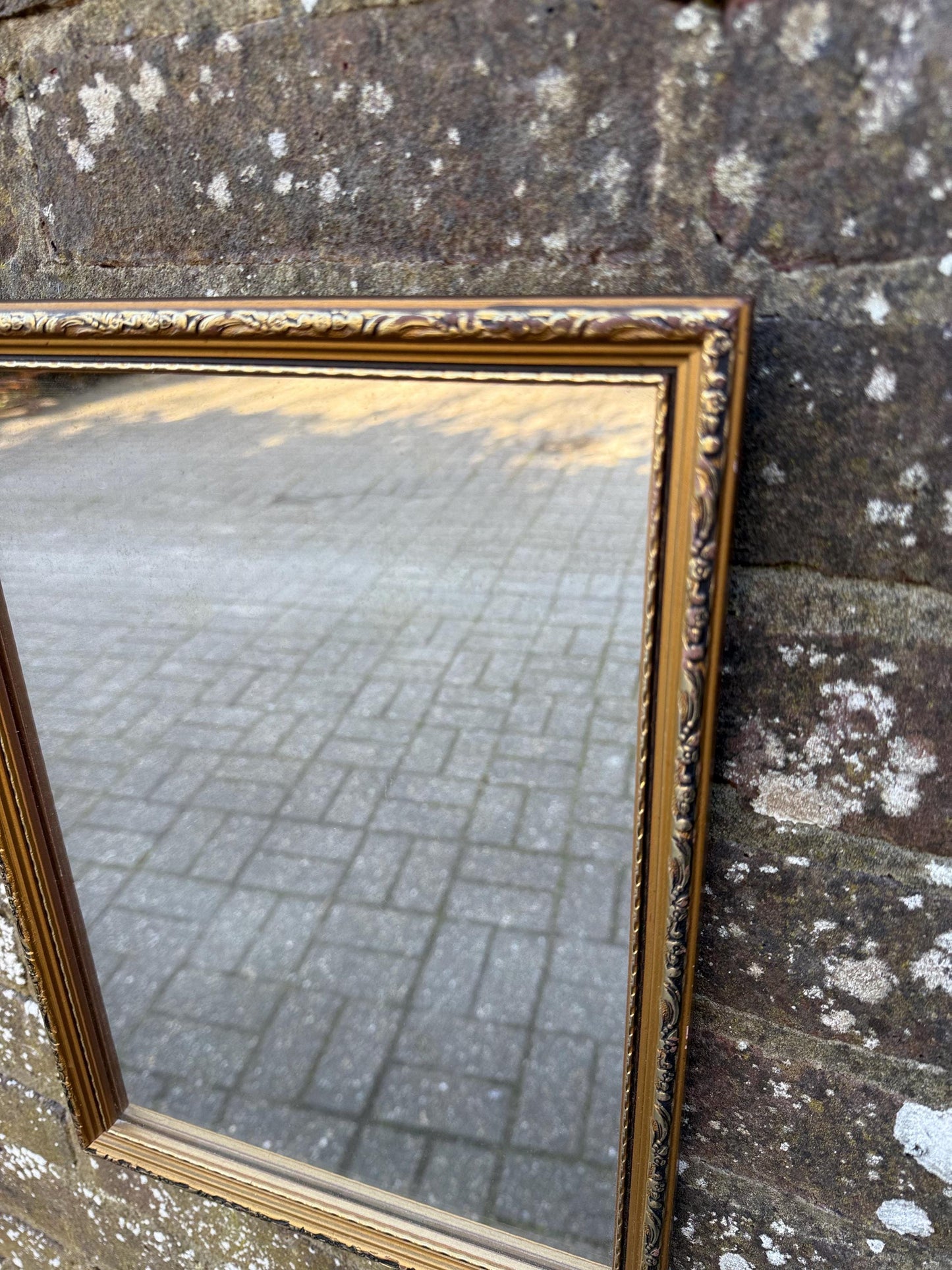 Super 70s retro gilt mirror, vintage gold mirror, with misted glass finish (39cm x 28cm)