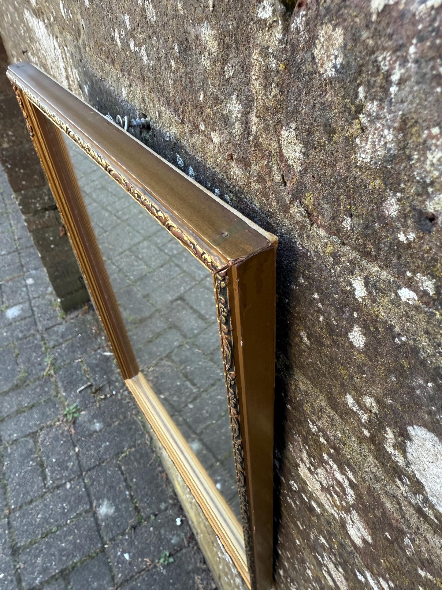 Super 70s retro gilt mirror, vintage gold mirror, with misted glass finish (39cm x 28cm)