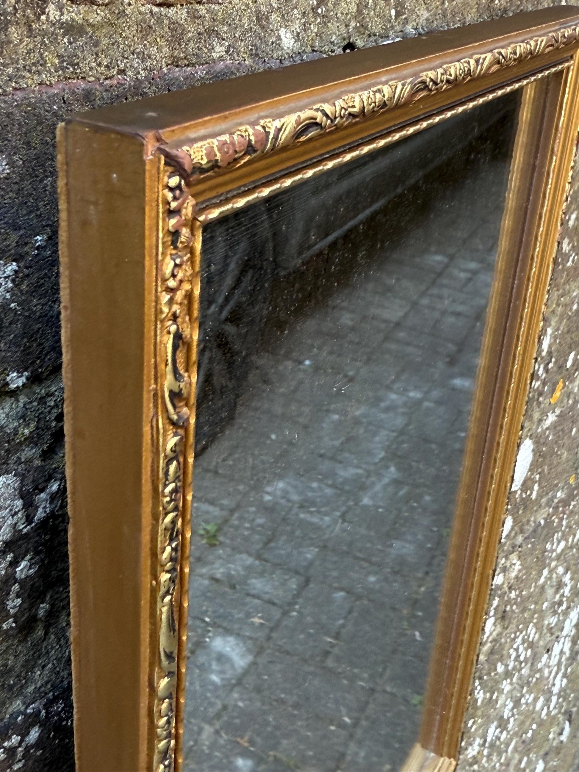 Super 70s retro gilt mirror, vintage gold mirror, with misted glass finish (39cm x 28cm)