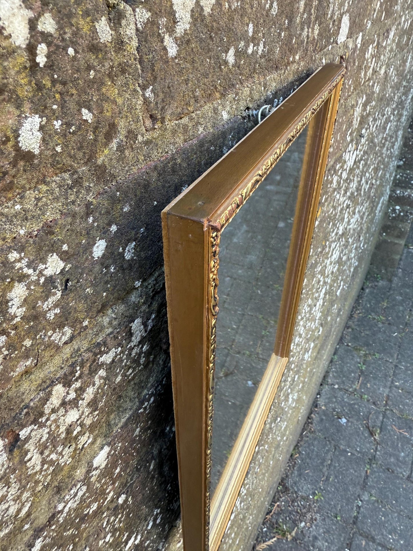 Super 70s retro gilt mirror, vintage gold mirror, with misted glass finish (39cm x 28cm)