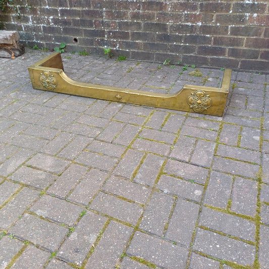 Antique Brass Clad Fireplace Fender Late Victorian or Edwardian, Hand-Tooled Arts & Crafts Gothic Revival Style