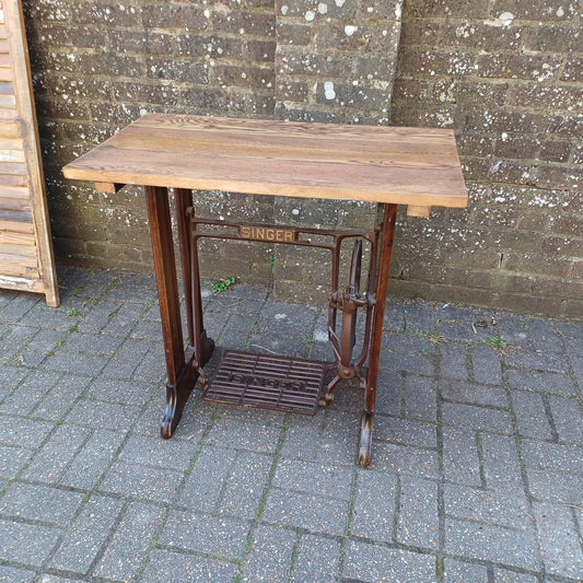Upcycled Vintage Singer Treadle Sewing Machine Base Table Stripped Repurposed Oak Top Industrial Style FREE HAND Delivery