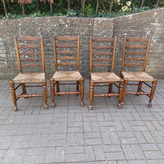 Set of 4 Vintage Elm Ladder Back Rush Seated Chairs Country Farmhouse Style FREE HAND Delivery